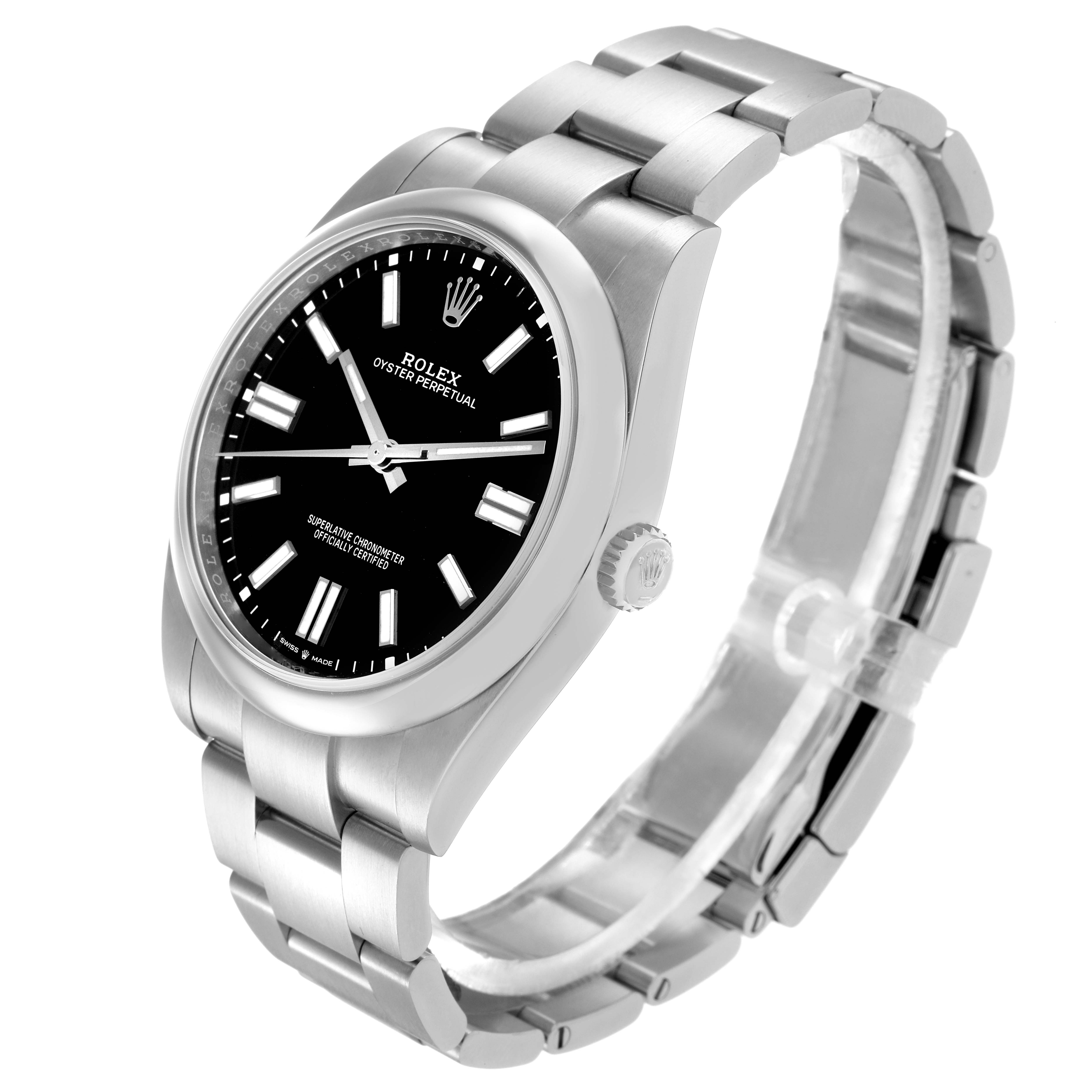 The Rolex Oyster Perpetual model 124300 is shown at a slight angle, highlighting the dial, bezel, crown, and bracelet details.