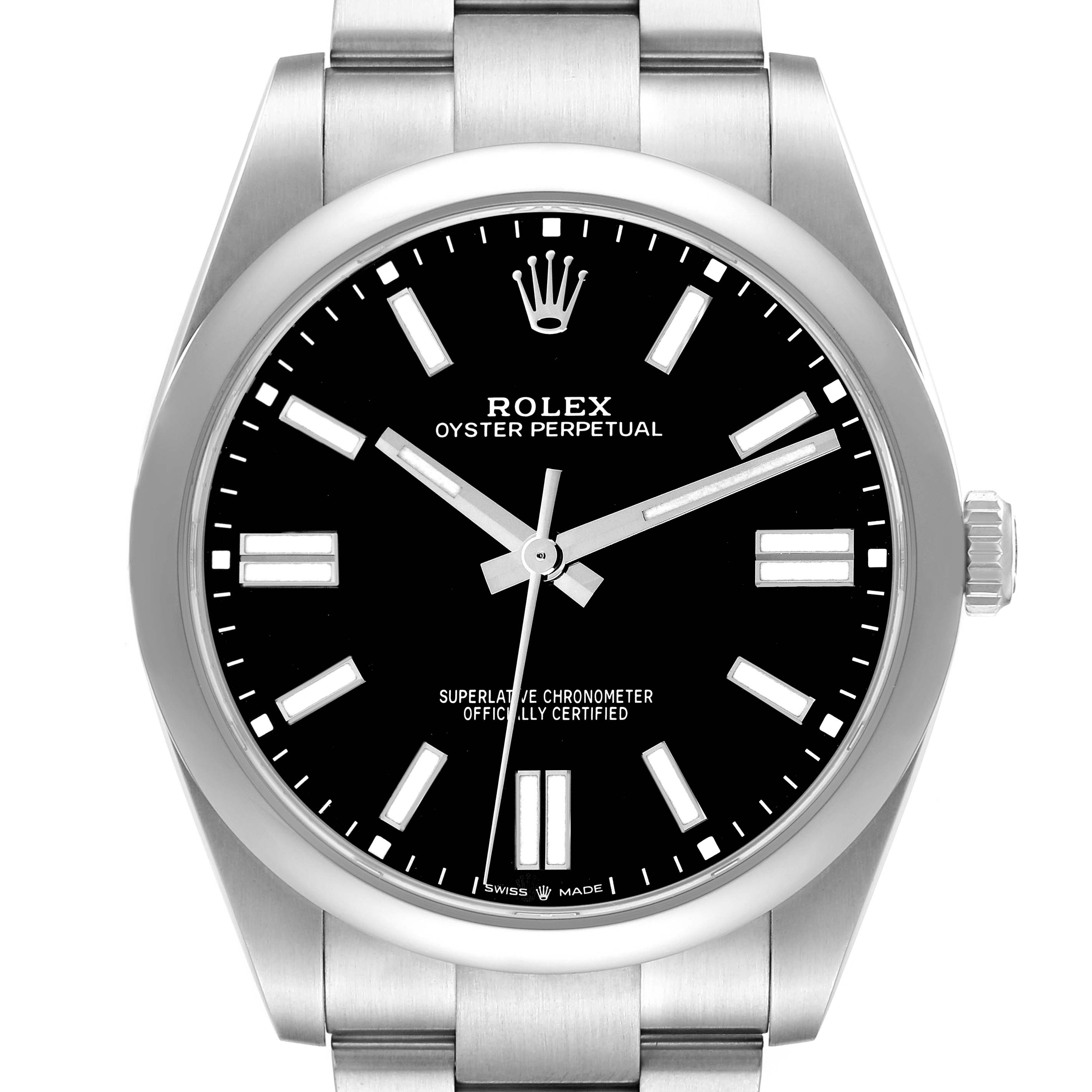 The Rolex Oyster Perpetual model 124300 is shown from a front angle, displaying its black dial, hour markers, hands, crown, and part of the bracelet.