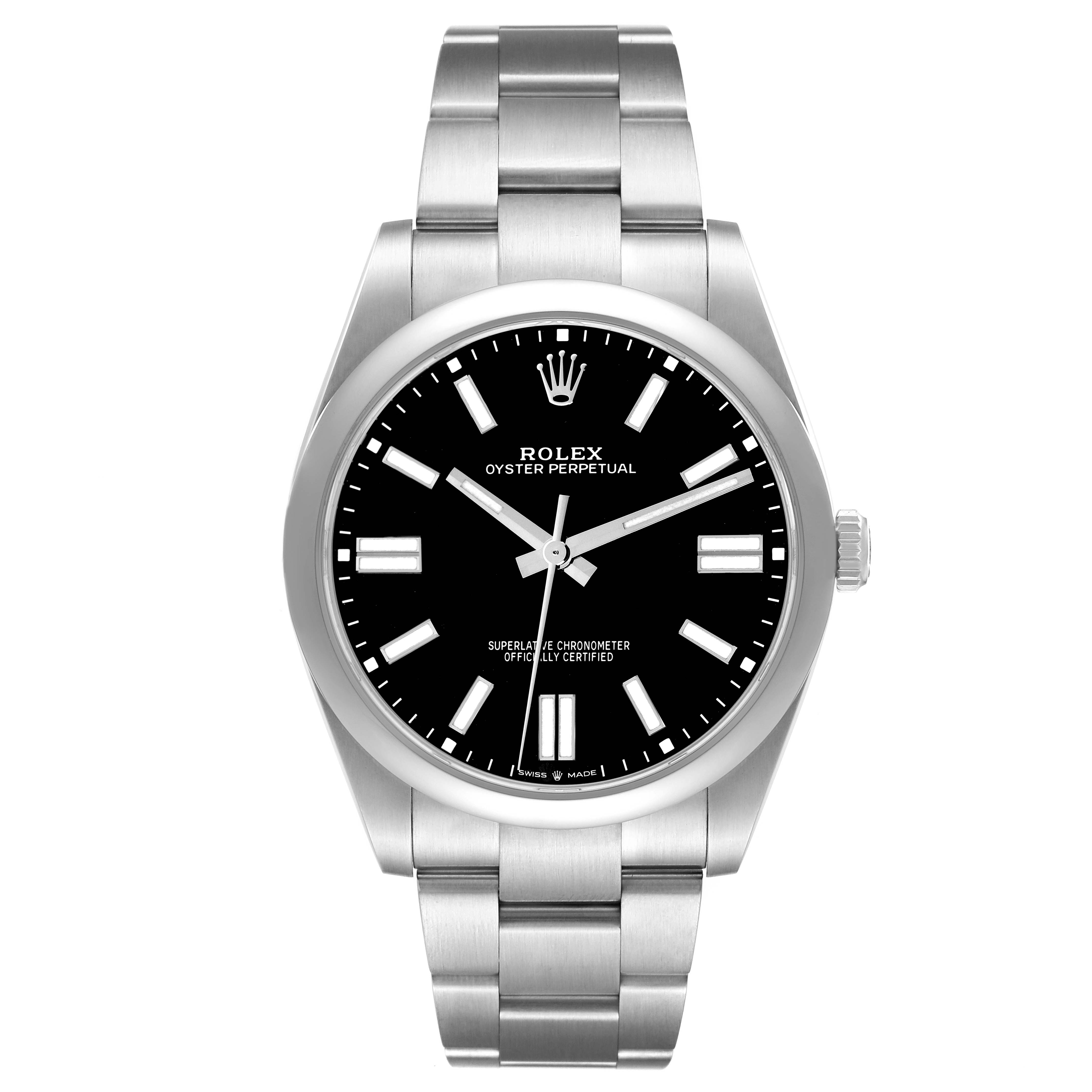 The Rolex Oyster Perpetual model 124300 is shown from a front view, highlighting its face, hands, dial, bezel, crown, and part of the bracelet.