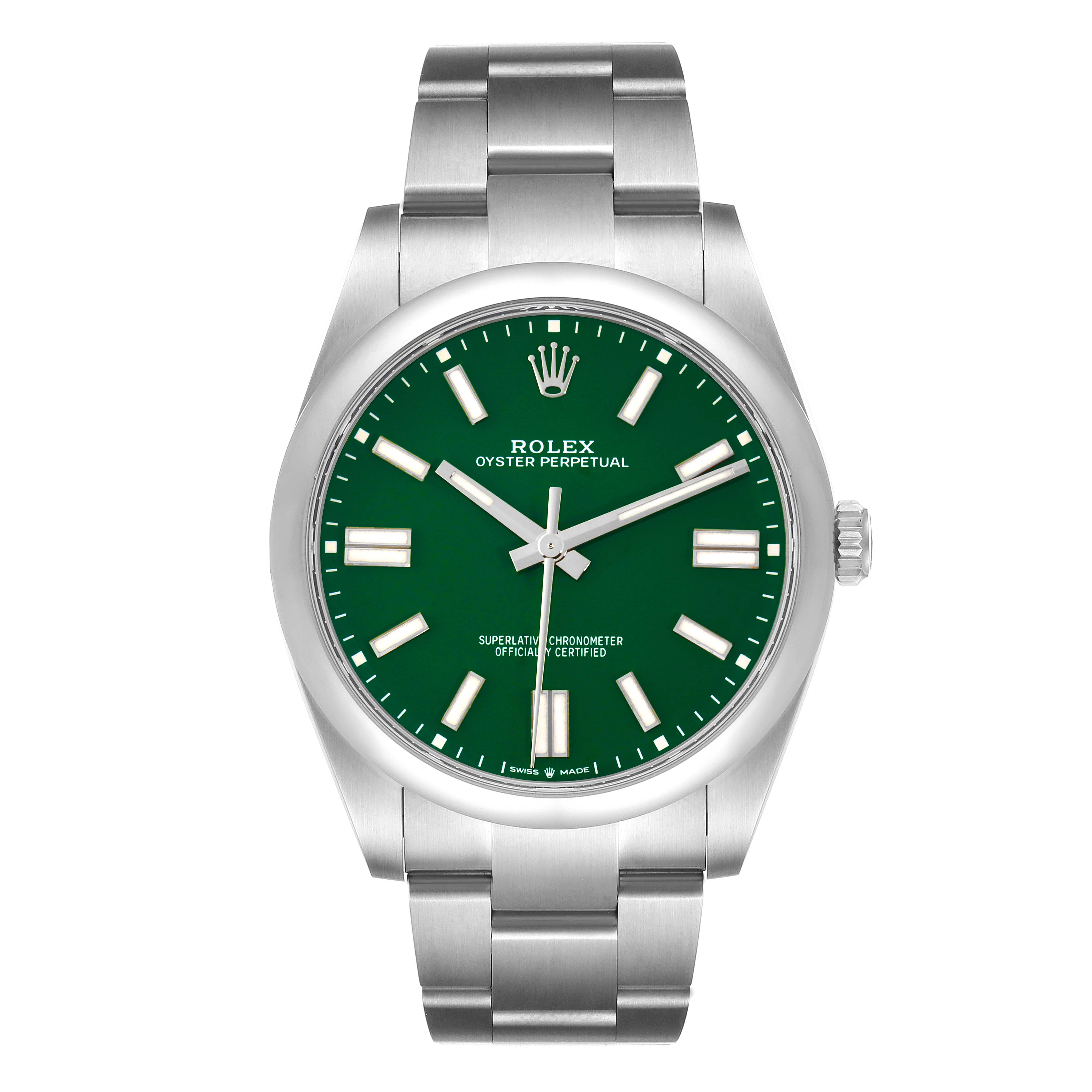 The Rolex Oyster Perpetual model 124300 is shown from the front, highlighting the green dial, hour markers, hands, crown, and the full bracelet.