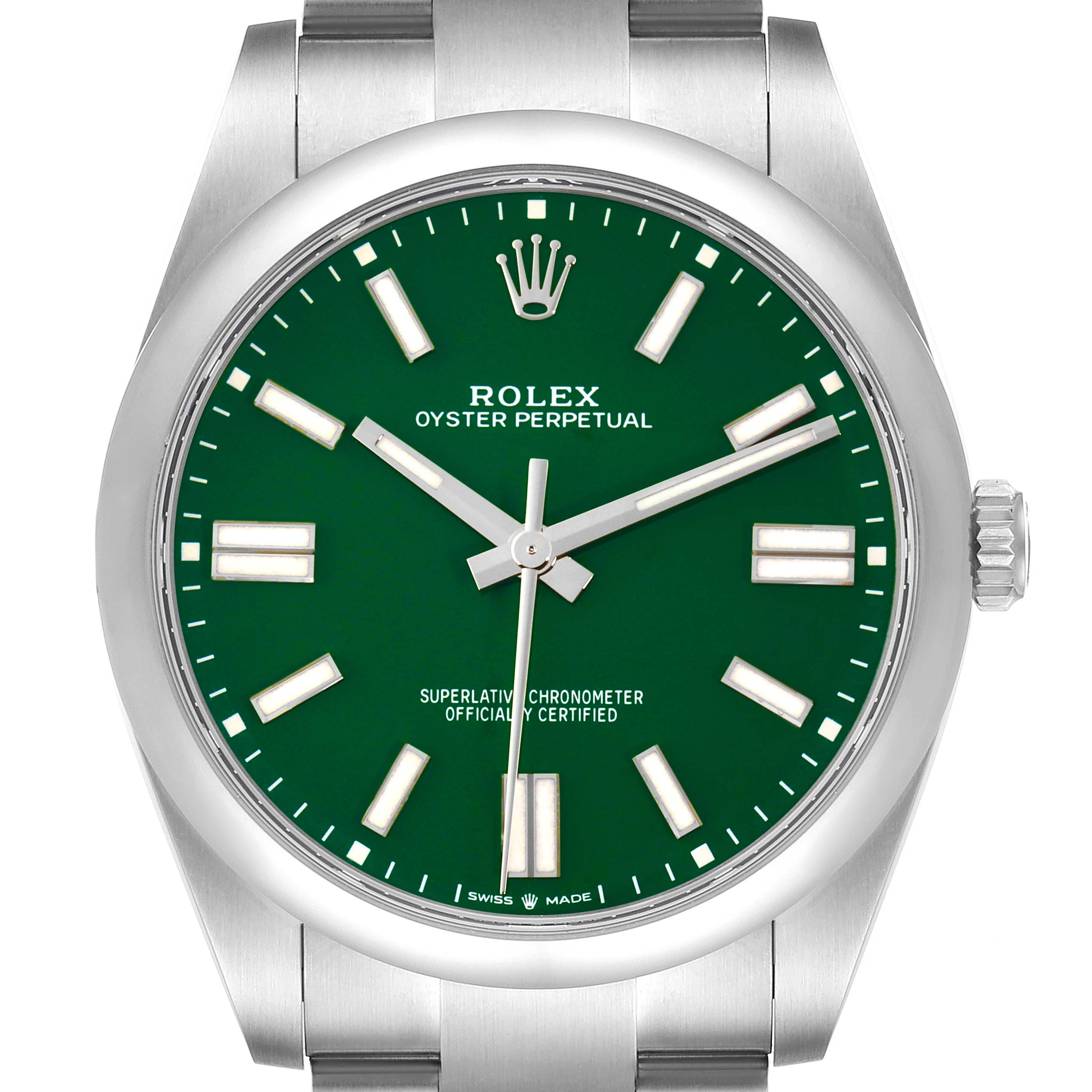 The image shows a frontal view of the Rolex Oyster Perpetual, model number 124300, highlighting the green dial, hands, indices, bezel, and part of the bracelet.