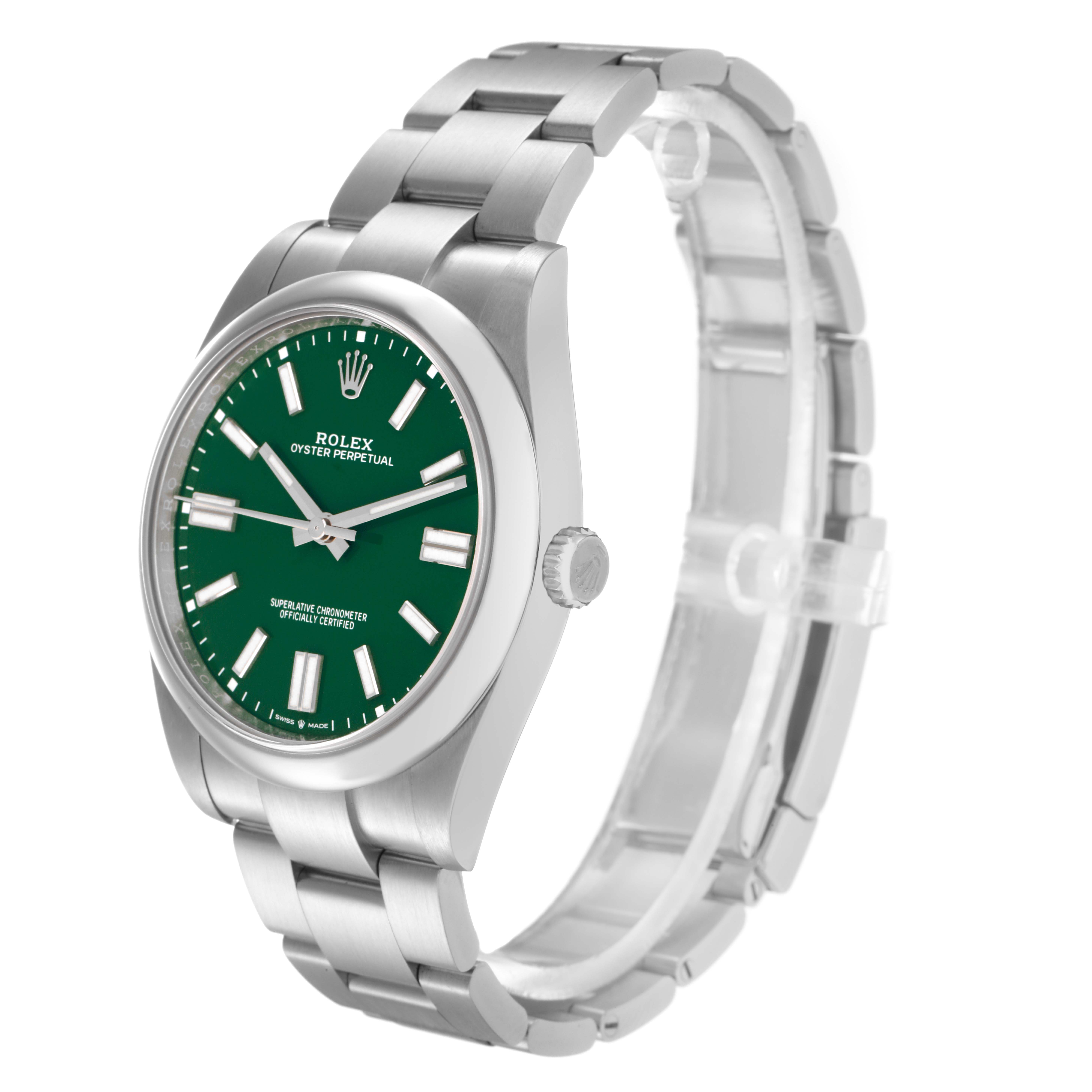 The Rolex Oyster Perpetual model 124300 is shown at a three-quarter angle, displaying the watch face, bracelet, and crown.