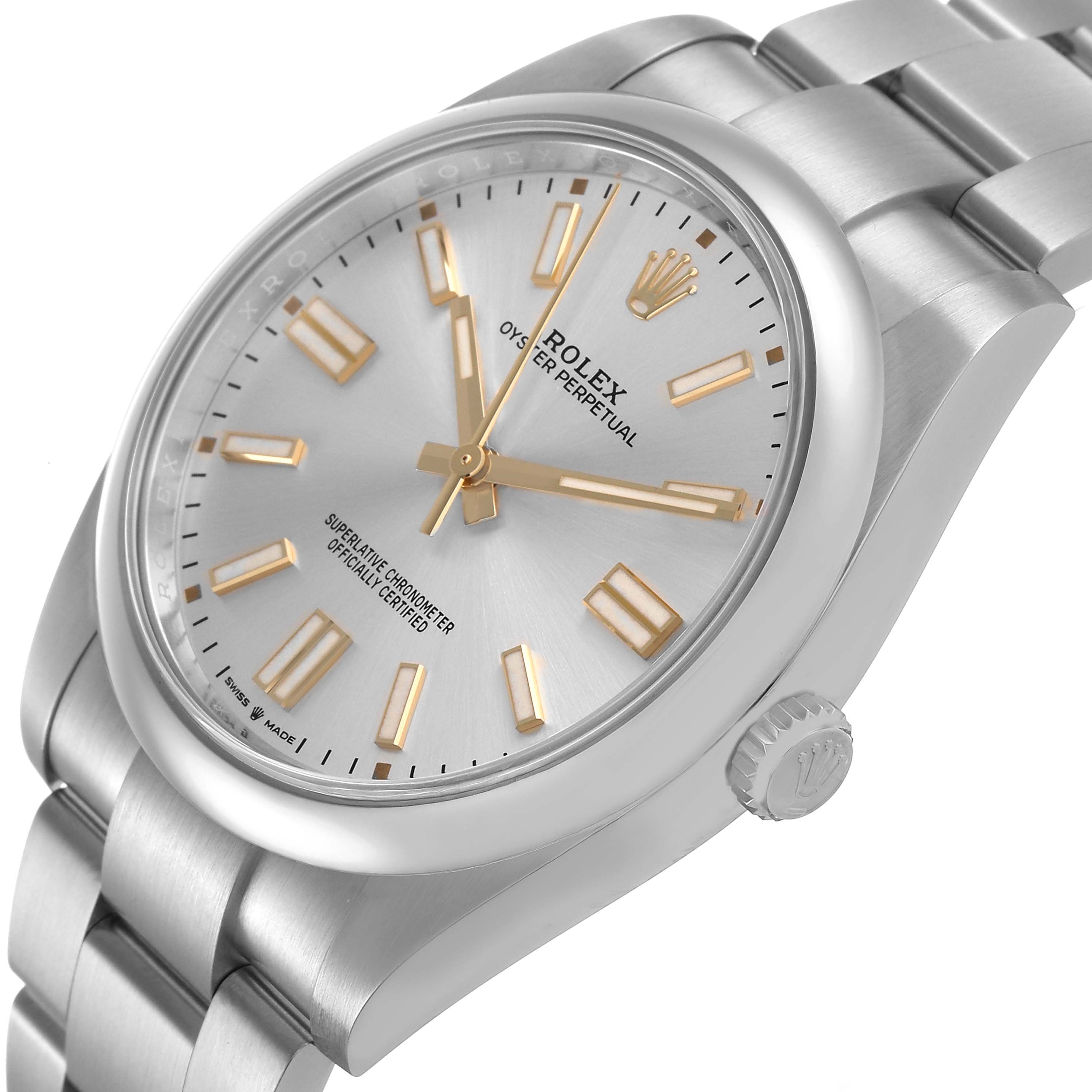 The Rolex Oyster Perpetual 124300 Men's Stainless Steel Silver Dial is shown at an angled side view, highlighting the dial, bezel, crown, and bracelet.