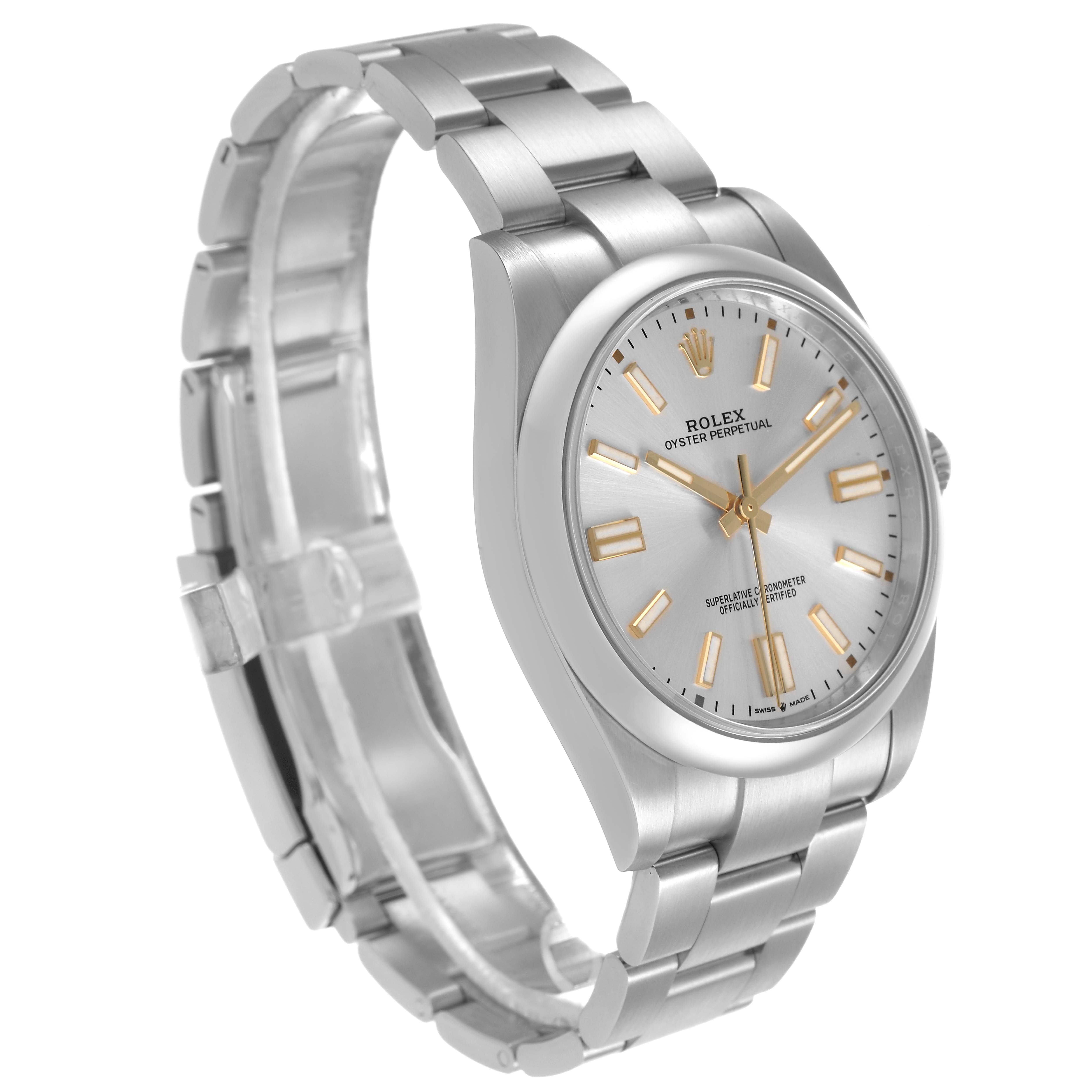 The image shows a side angle of a Rolex Oyster Perpetual 124300 Men's Stainless Steel Silver Dial, highlighting the silver bracelet and dial with gold hour markers.