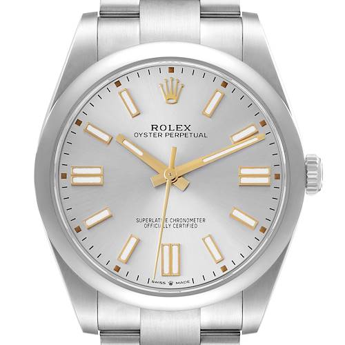 The image shows a front view of a Rolex Oyster Perpetual 124300 Men's Stainless Steel Silver Dial watch, highlighting the dial, hands, and part of the bracelet.
