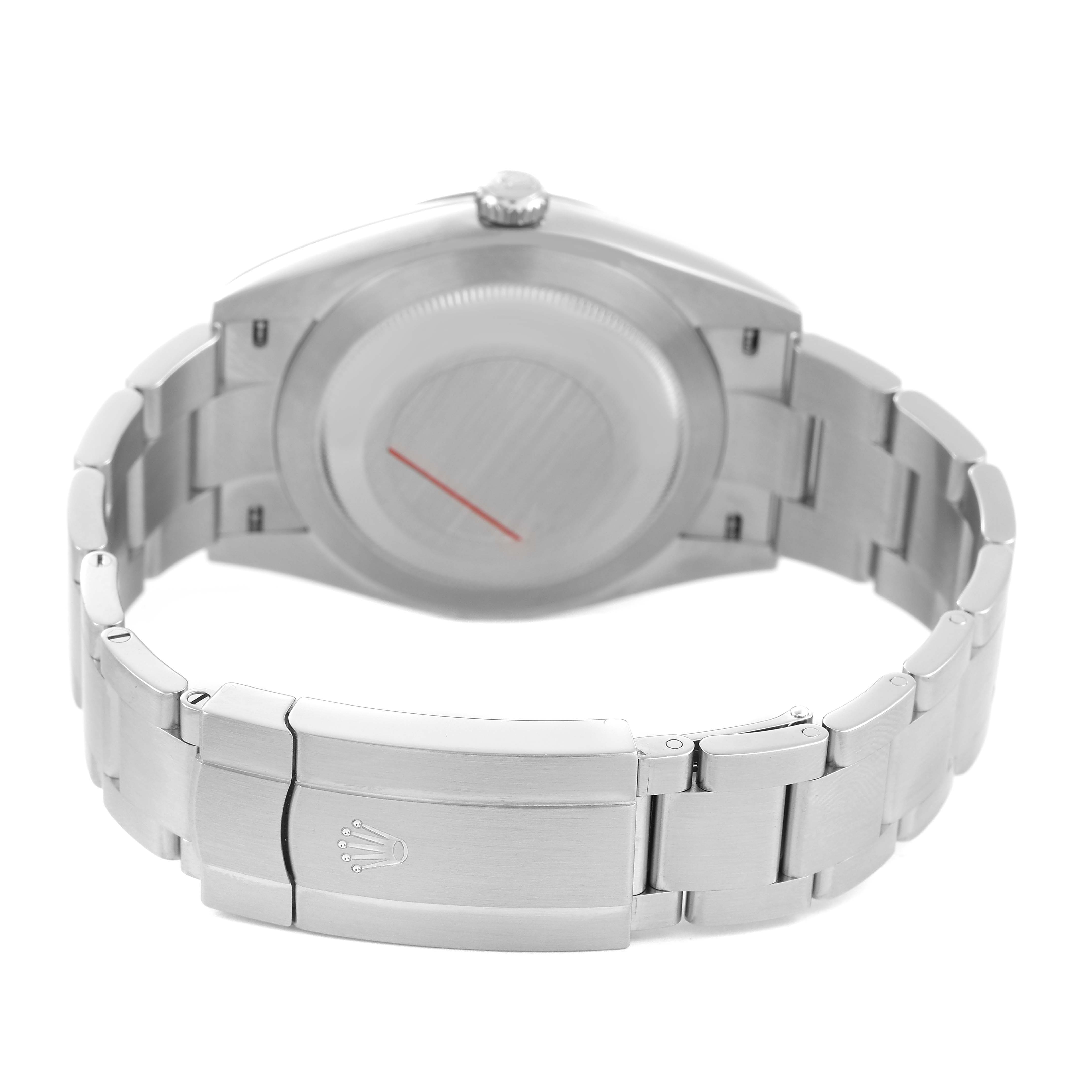 The Rolex Oyster Perpetual 124300 Men's Stainless Steel Silver Dial watch is shown from the back, highlighting the case back and bracelet clasp.