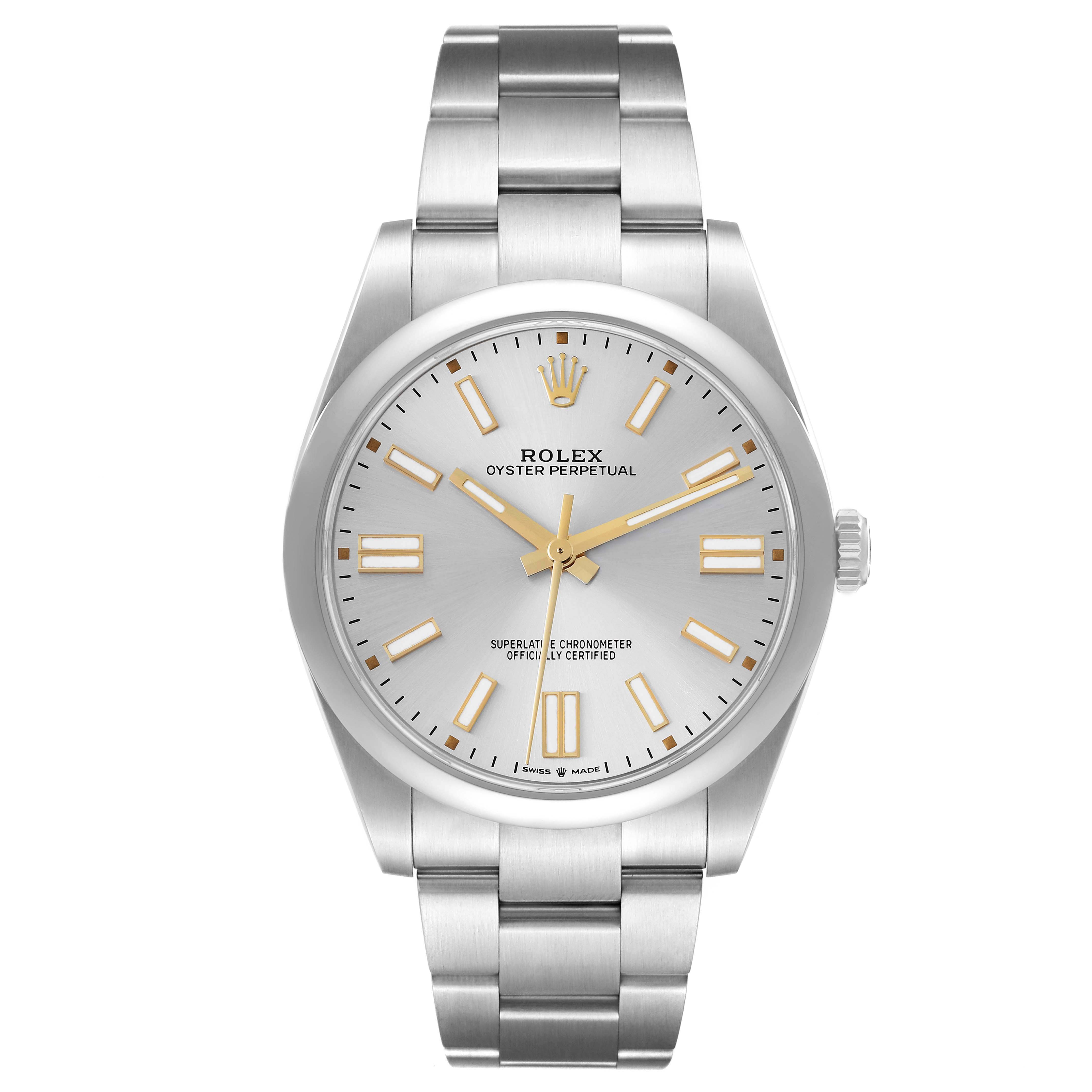 The Rolex Oyster Perpetual 124300 Men's Stainless Steel Silver Dial watch is shown from a front angle, displaying its face, dial, hands, and bracelet.