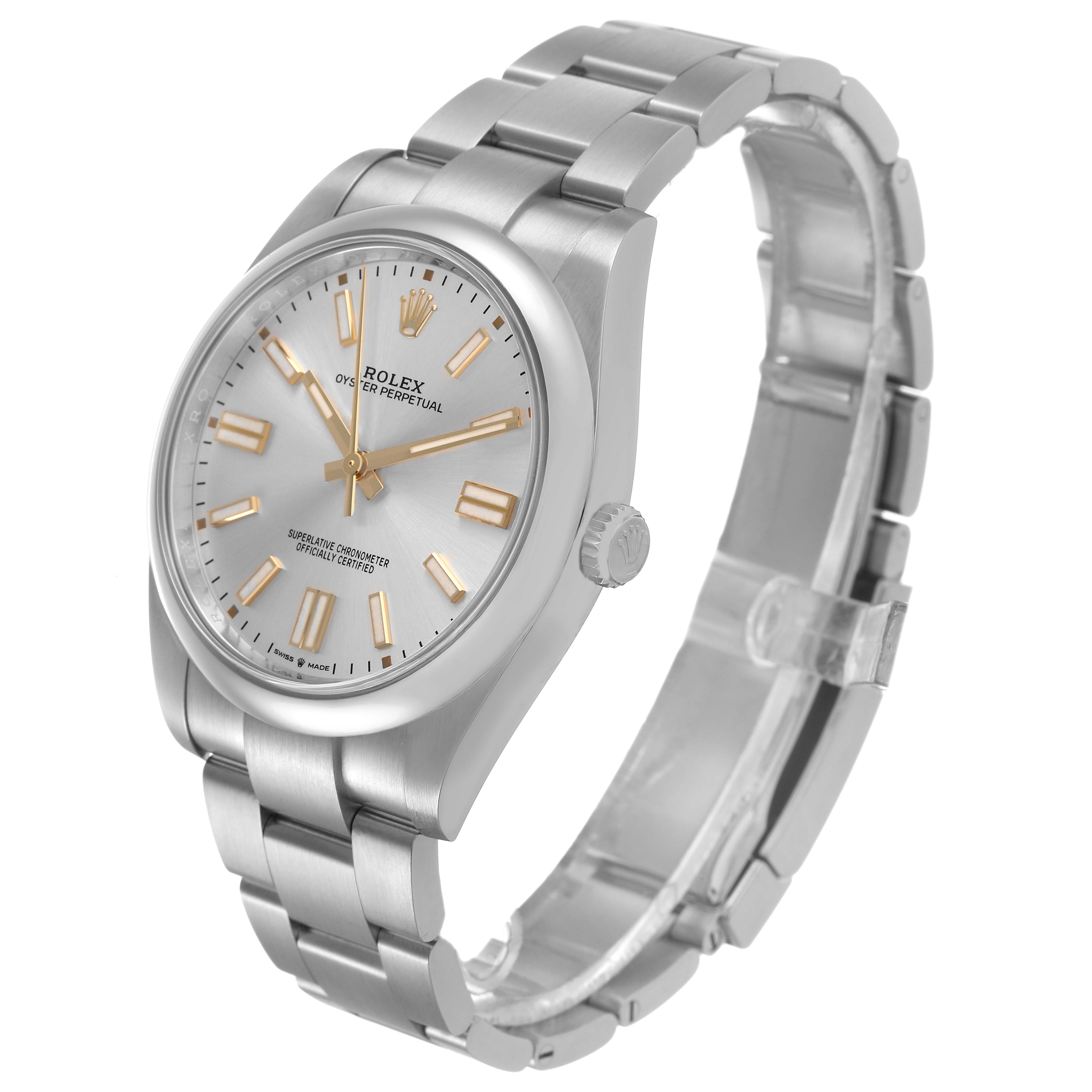 The Rolex Oyster Perpetual 124300 Men's Stainless Steel Silver Dial watch is shown at a side angle highlighting the dial, bezel, and bracelet.