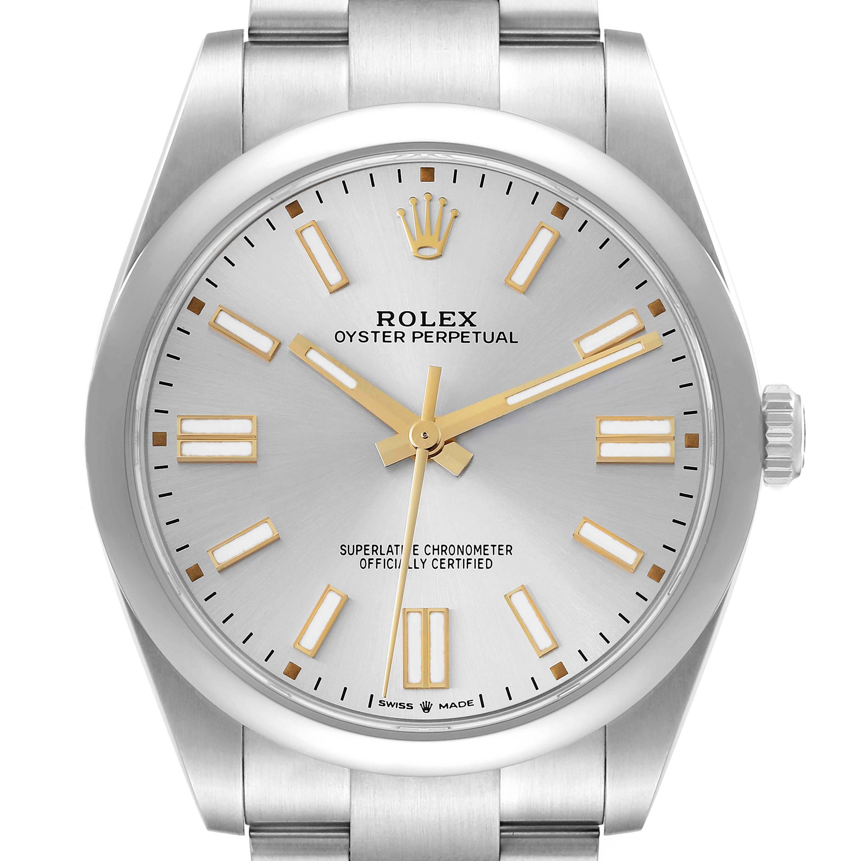The Rolex Oyster Perpetual 124300 Men's Stainless Steel Silver Dial watch is shown from a front angle, displaying the dial, case, and part of the bracelet.