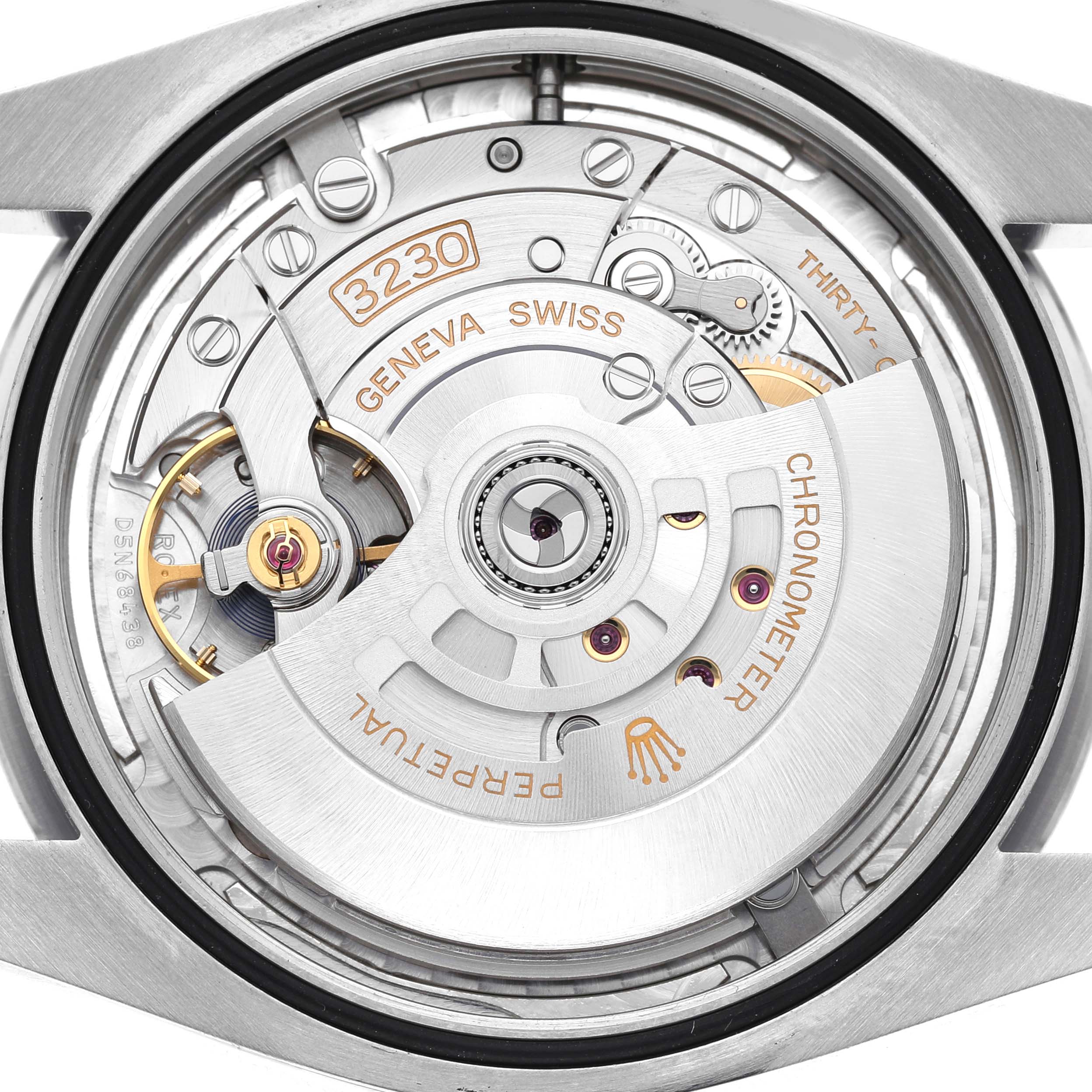 The image shows the movement of a Rolex Oyster Perpetual 124300 Men's Stainless Steel Silver Dial watch, highlighting the intricate mechanical components from the back.