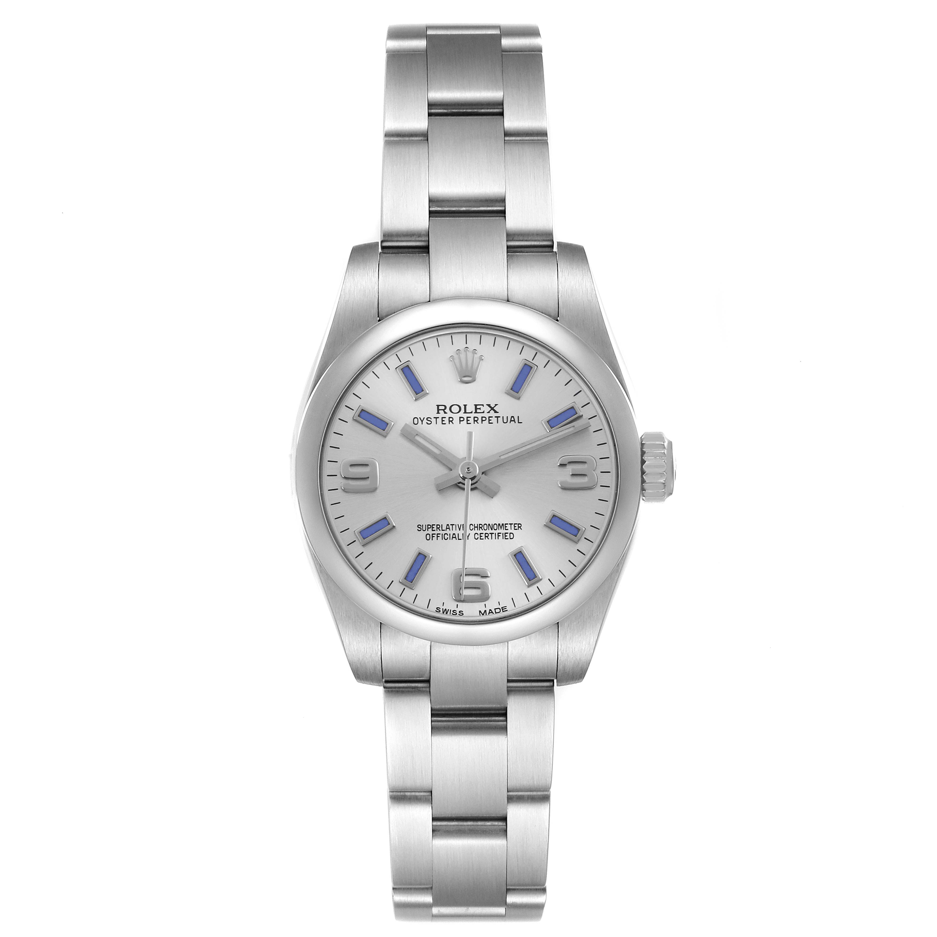 The Rolex Oyster Perpetual model 176200 is shown from a top-down angle, displaying the entire watch face, bezel, bracelet, and crown.