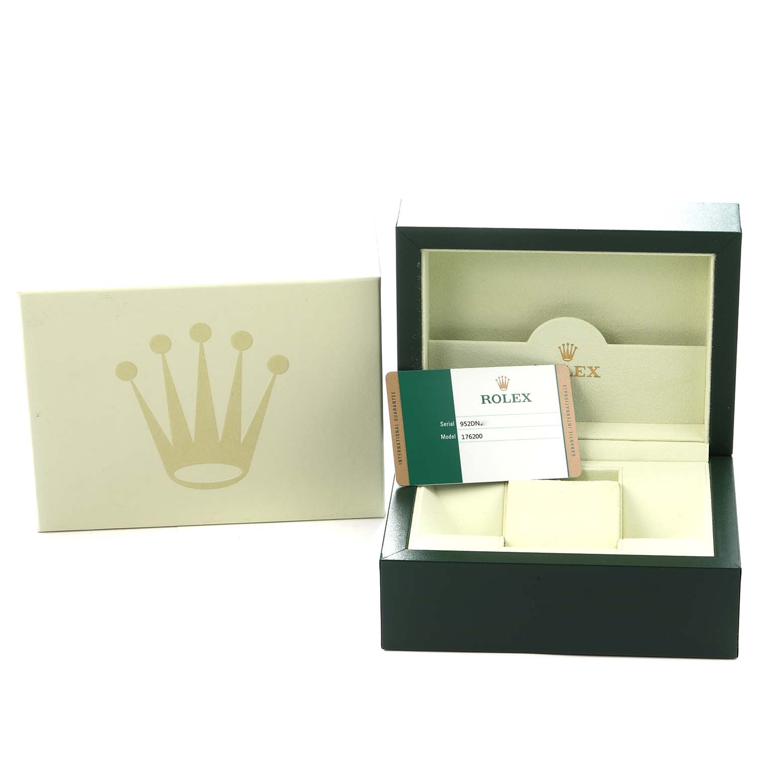 The image shows the packaging and warranty card for a Rolex Oyster Perpetual model number 176200, with the watch box open and a card displaying the model number.