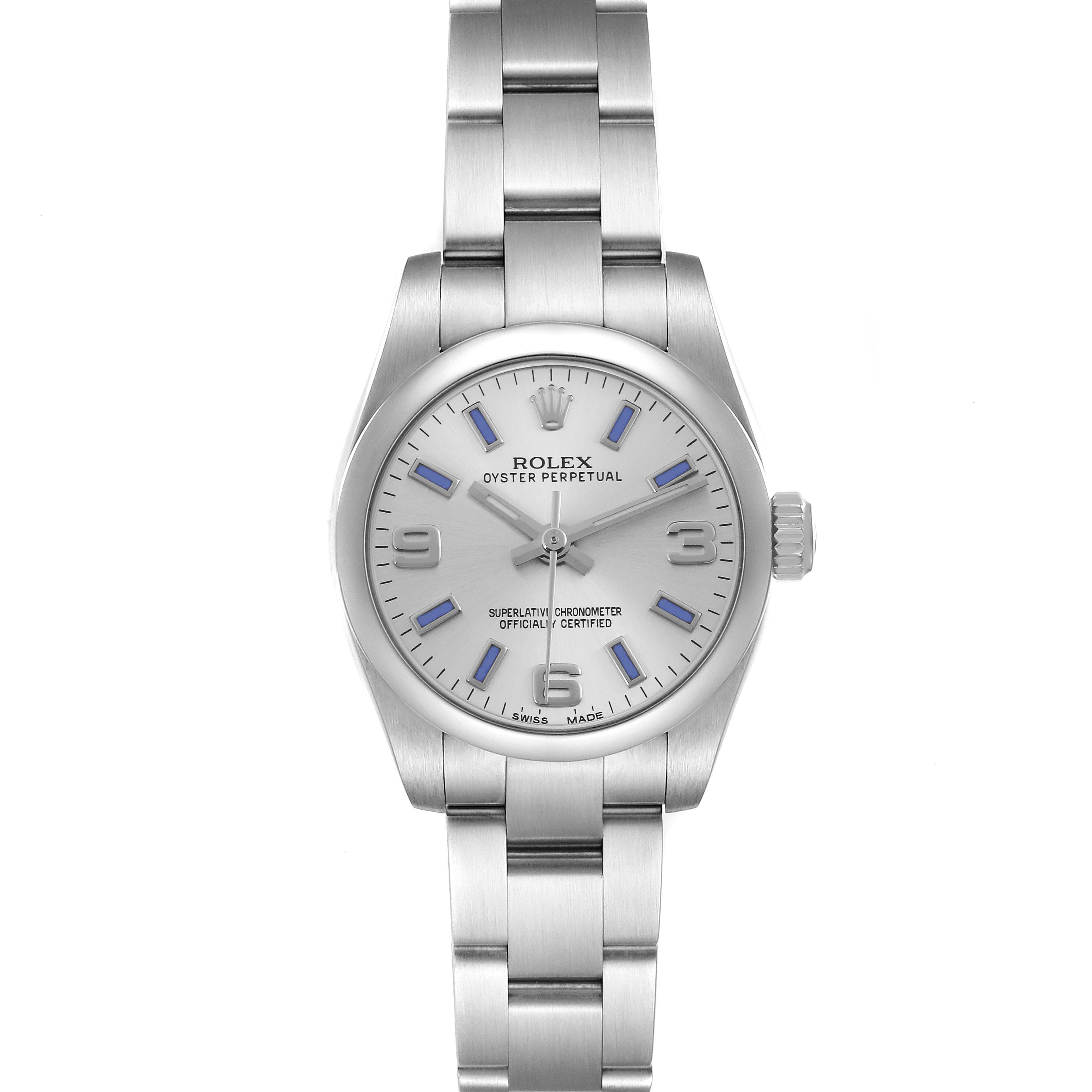 The Rolex Oyster Perpetual model 176200 is shown from the front, displaying its dial, hands, indices, and part of the metal bracelet with the crown visible on the side.