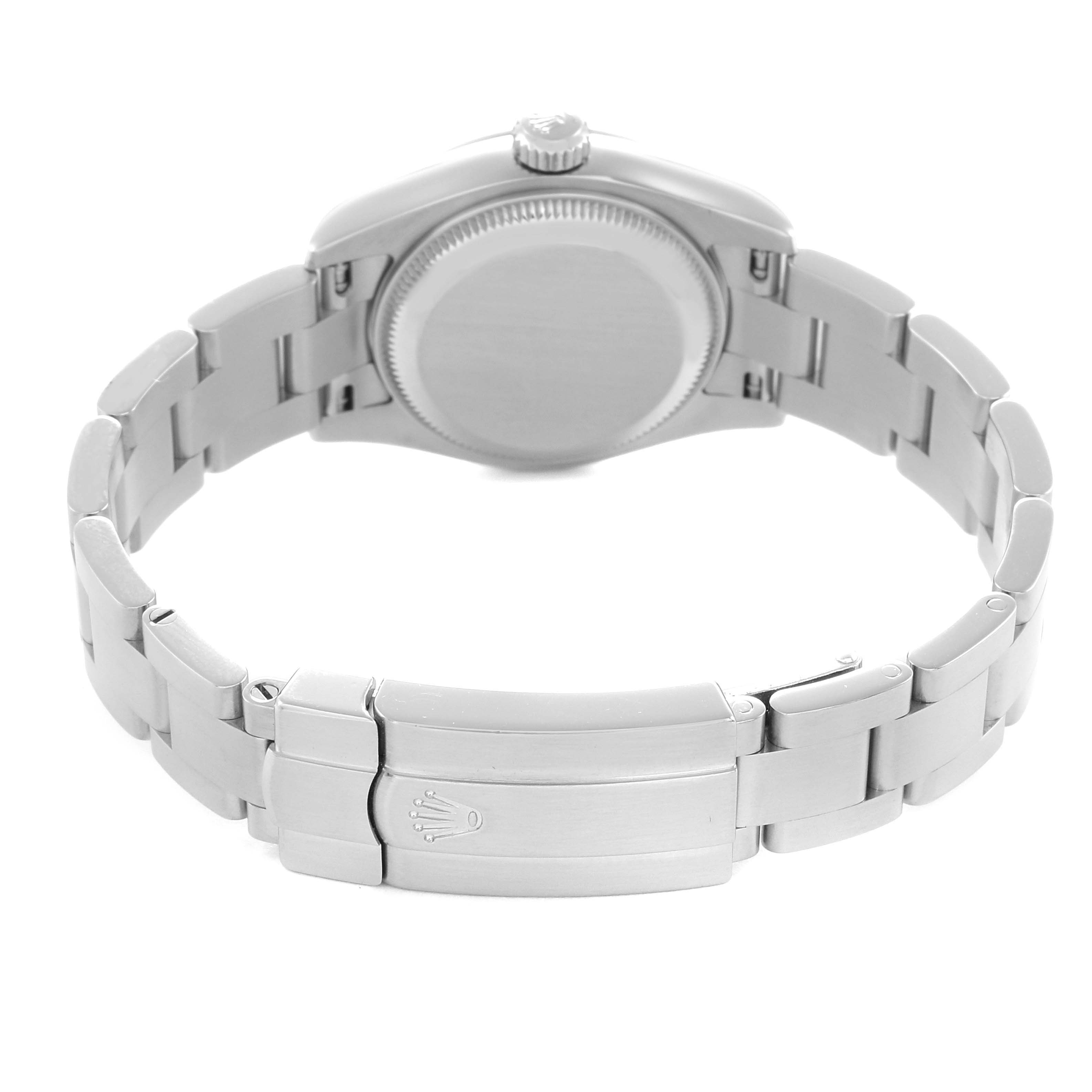 The image shows the back of a Rolex Oyster Perpetual model 176200 men's watch, highlighting the clasp, bracelet, and case back.