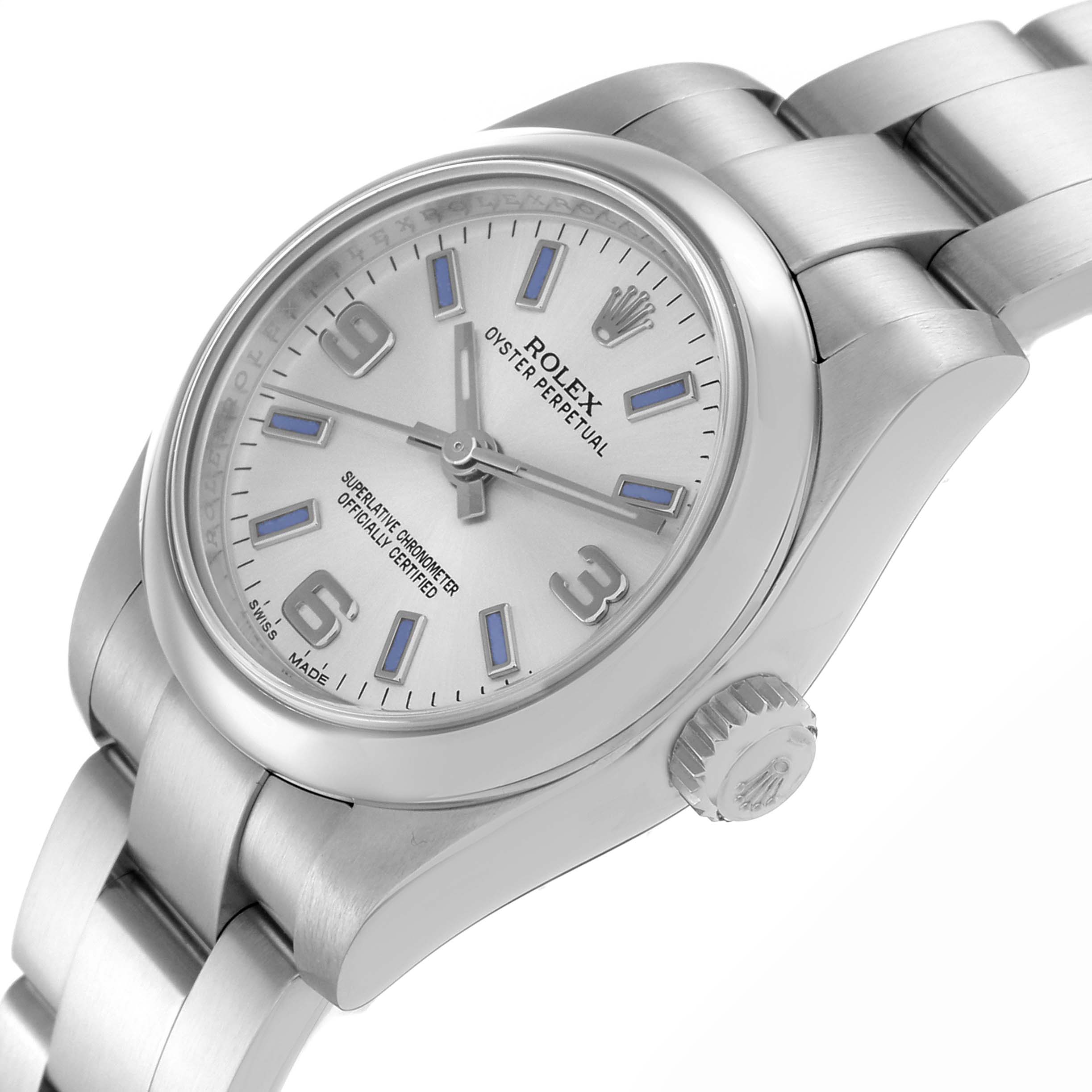 The image shows the Rolex Oyster Perpetual model 176200 at an oblique angle, highlighting the watch face, crown, and bracelet links.