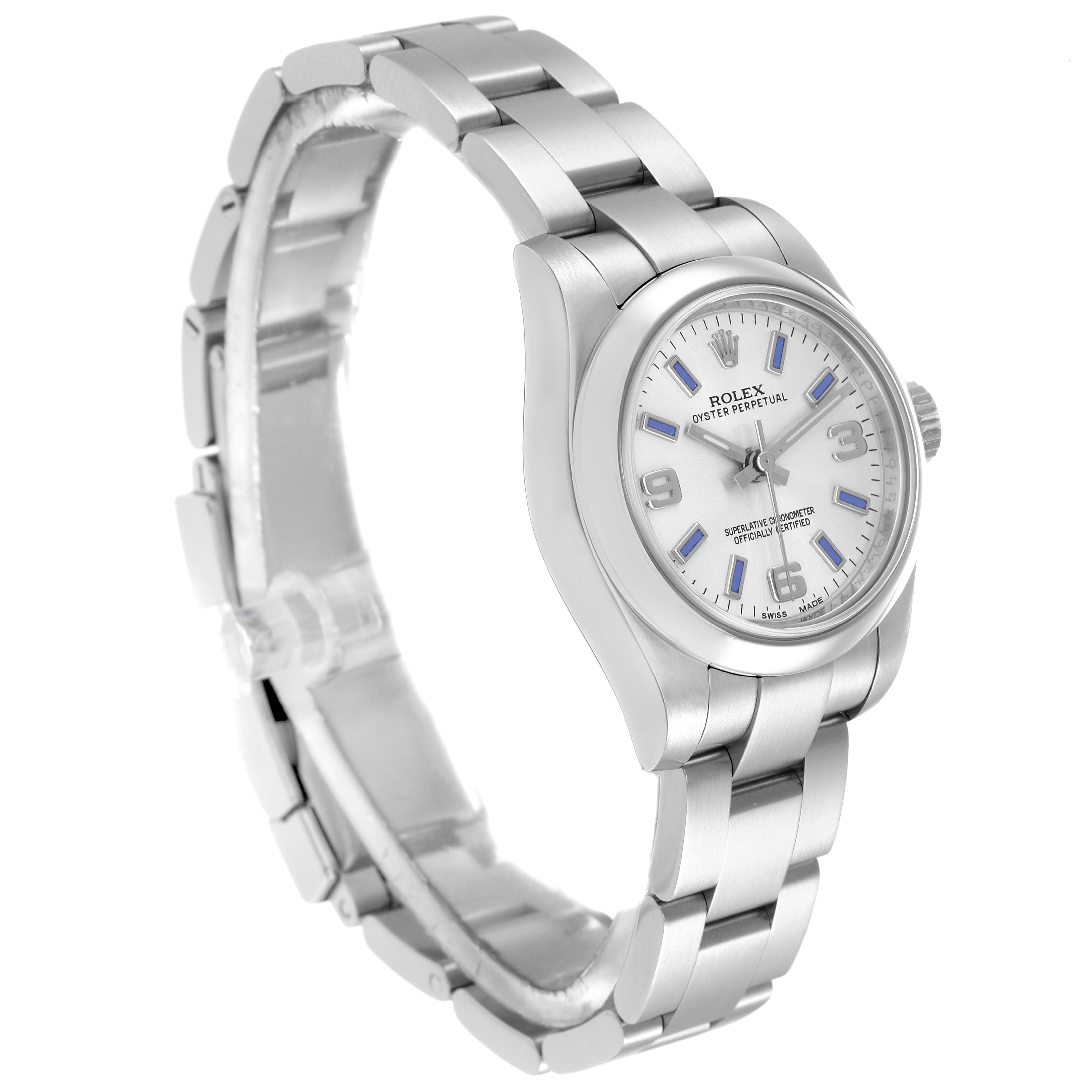 The Rolex Oyster Perpetual model 176200 is shown at a three-quarter angle, highlighting the face, bezel, and stainless steel bracelet.