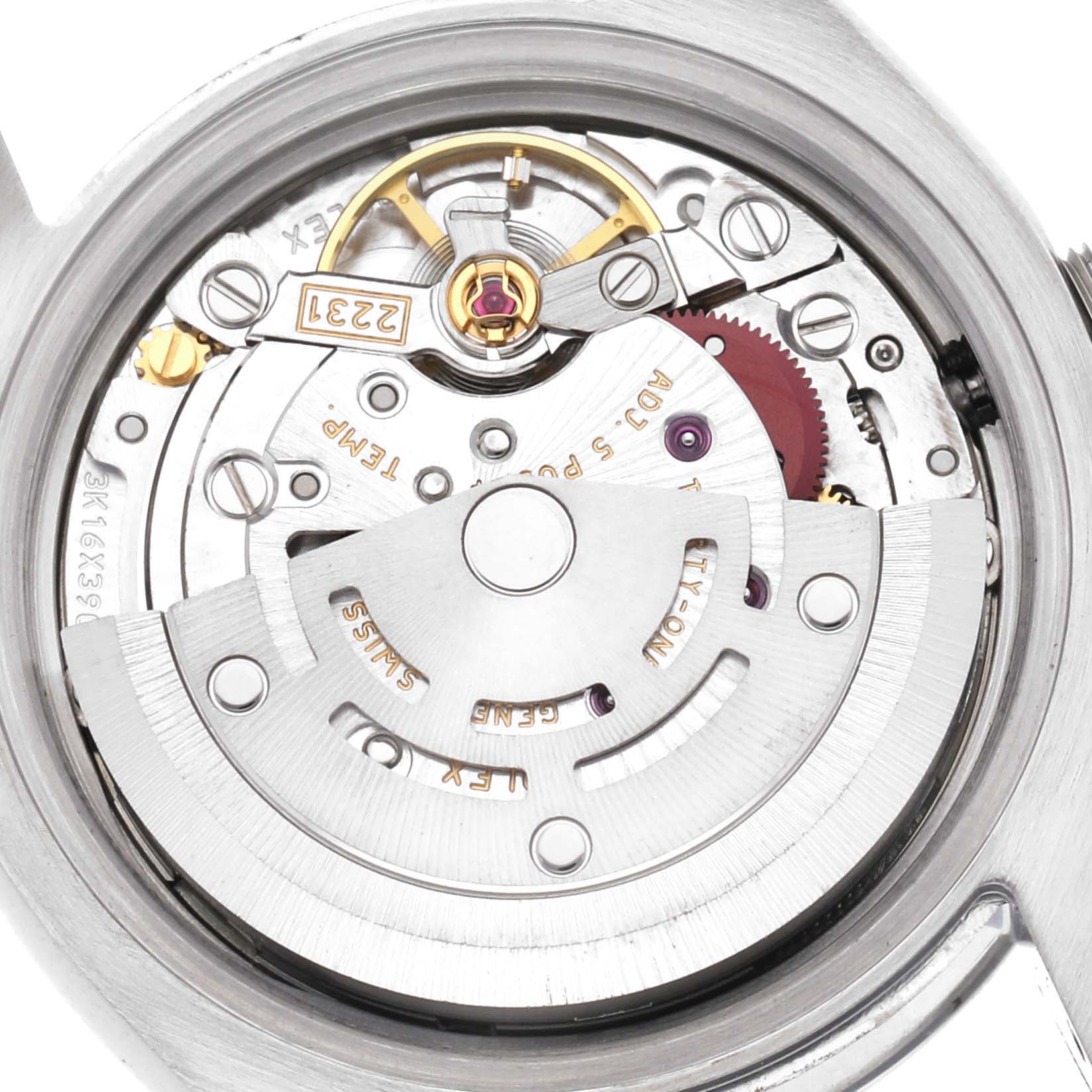 The image shows a close-up of the movement mechanism of the Rolex Oyster Perpetual model 176200 men's watch from the rear or back view.