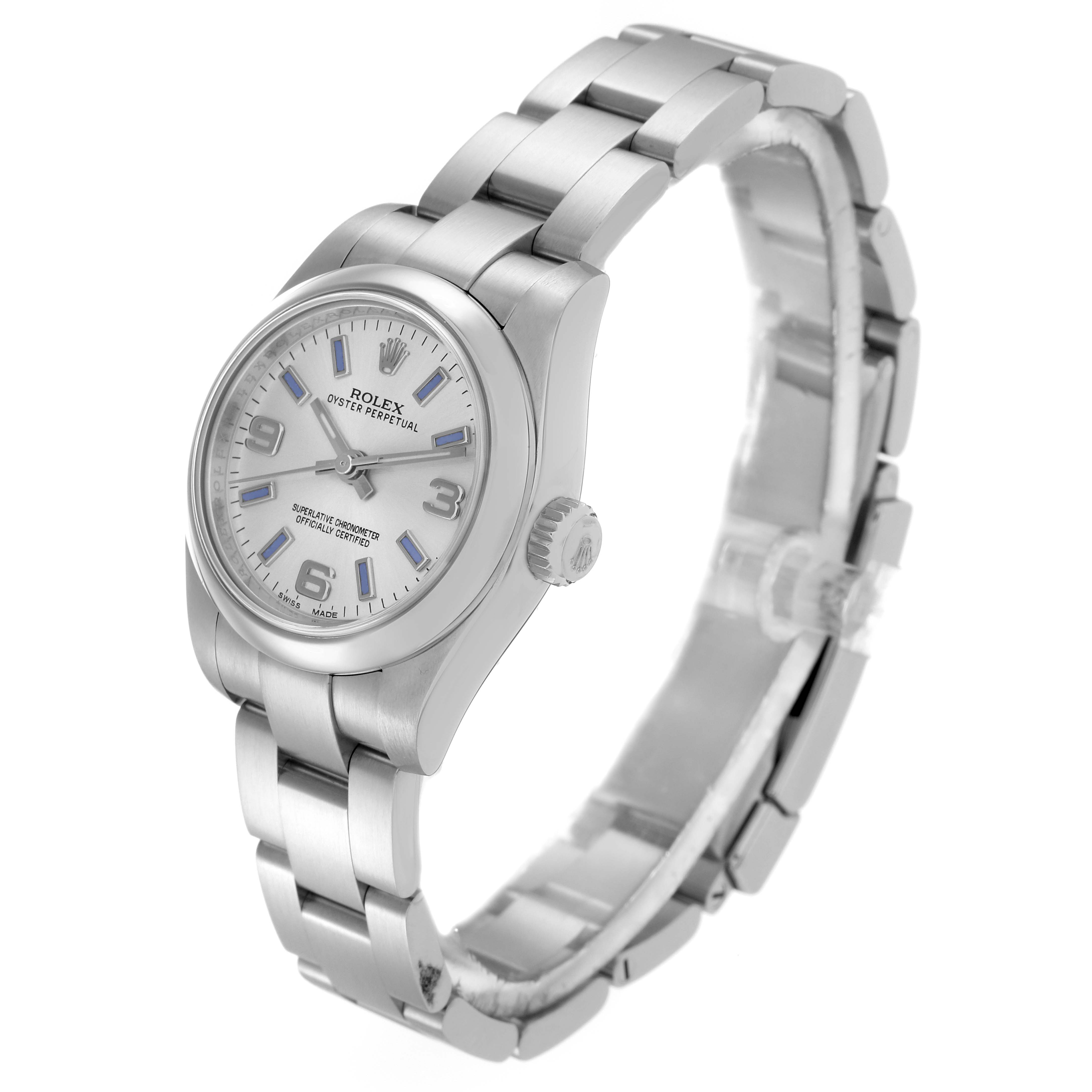 The Rolex Oyster Perpetual model 176200 is shown at a three-quarter angle highlighting the face, crown, and bracelet.