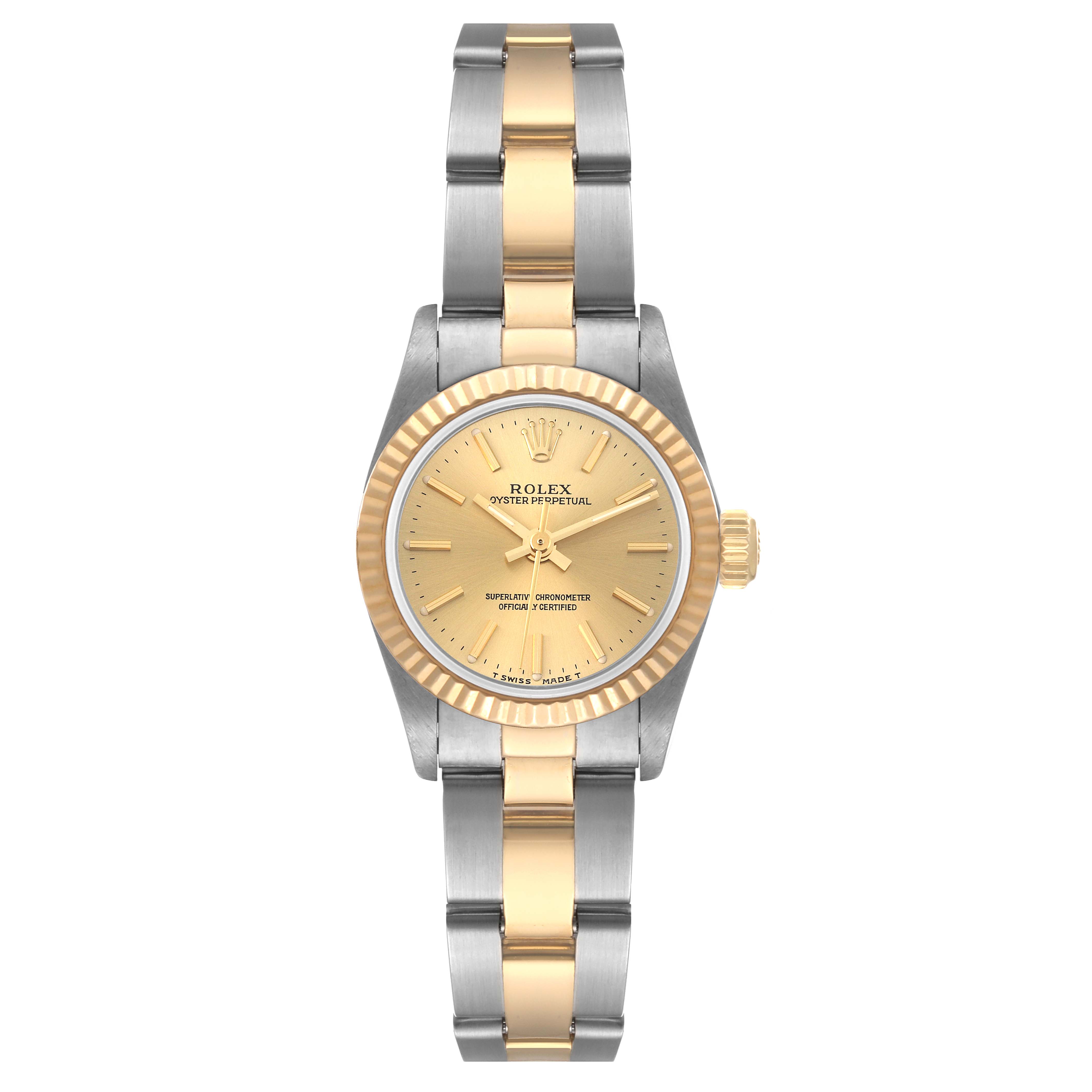 The image shows a front view of a Rolex Oyster Perpetual 67193 Women's Steel and Gold (two tone) Champagne Dial 67193 Women's Steel and Gold (two tone) Champagne Dial watch, highlighting its gold dial, bezel, and two-tone bracelet.