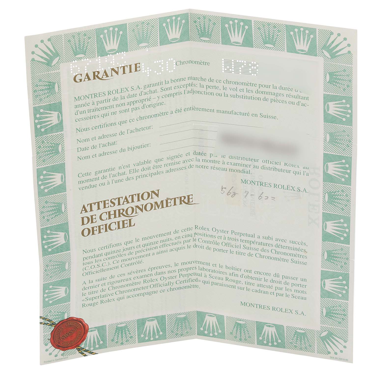 The image shows a folded warranty and certificate document for a Rolex Oyster Perpetual 67193 Women's Steel and Gold (two tone) Champagne Dial 67193 Women's Steel and Gold (two tone) Champagne Dial watch.