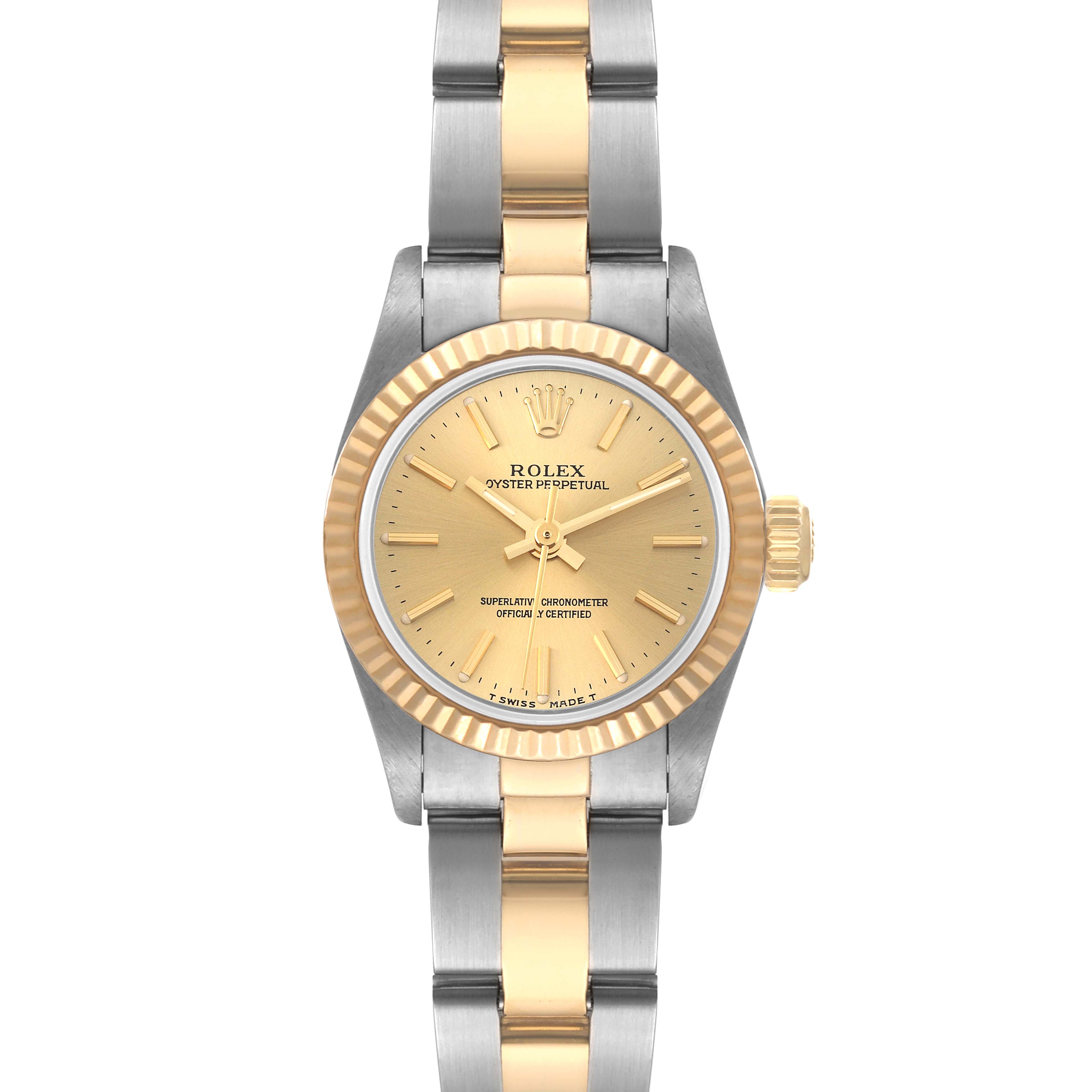 This image features a full frontal view of a Rolex Oyster Perpetual 67193 Women's Steel and Gold (two tone) Champagne Dial 67193 Women's Steel and Gold (two tone) Champagne Dial watch, showcasing its dial, bezel, and two-tone bracelet.