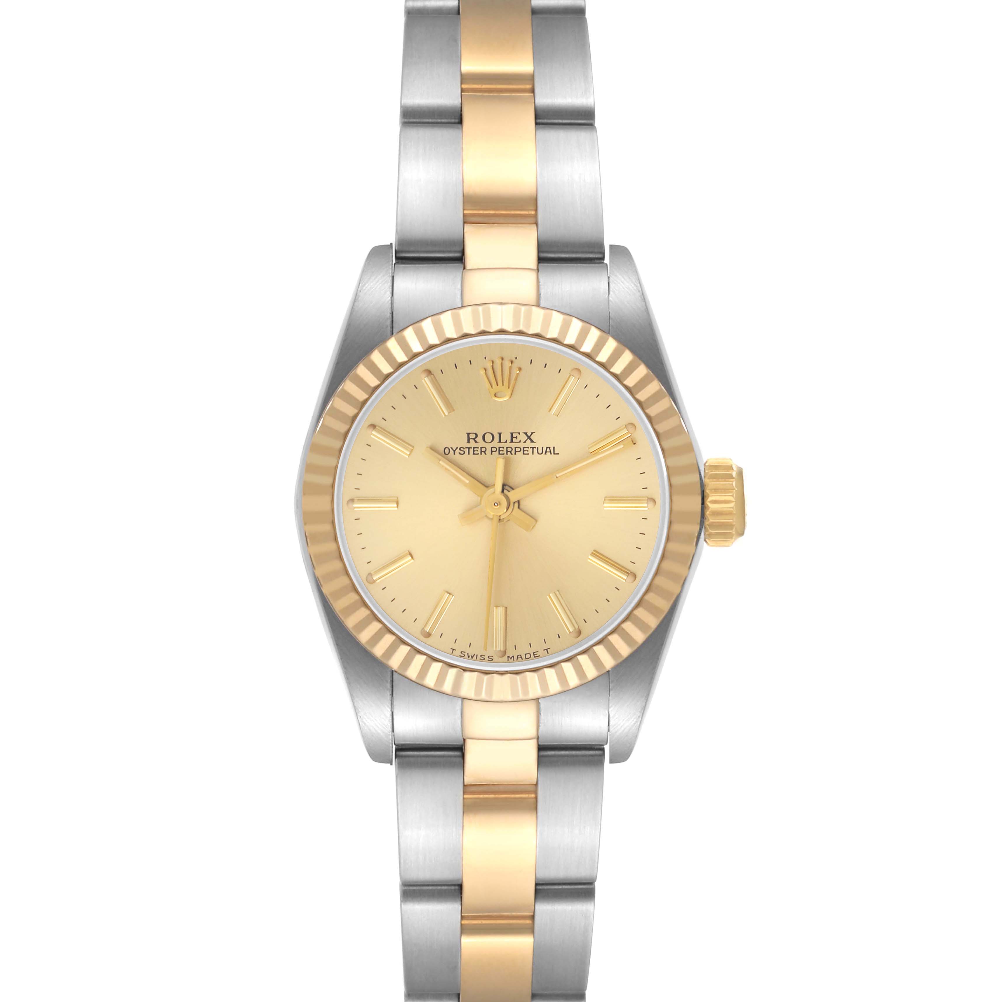 The Rolex Oyster Perpetual model 67193 is shown from a front angle, featuring a gold and silver-toned bracelet, a gold bezel, and a gold dial.