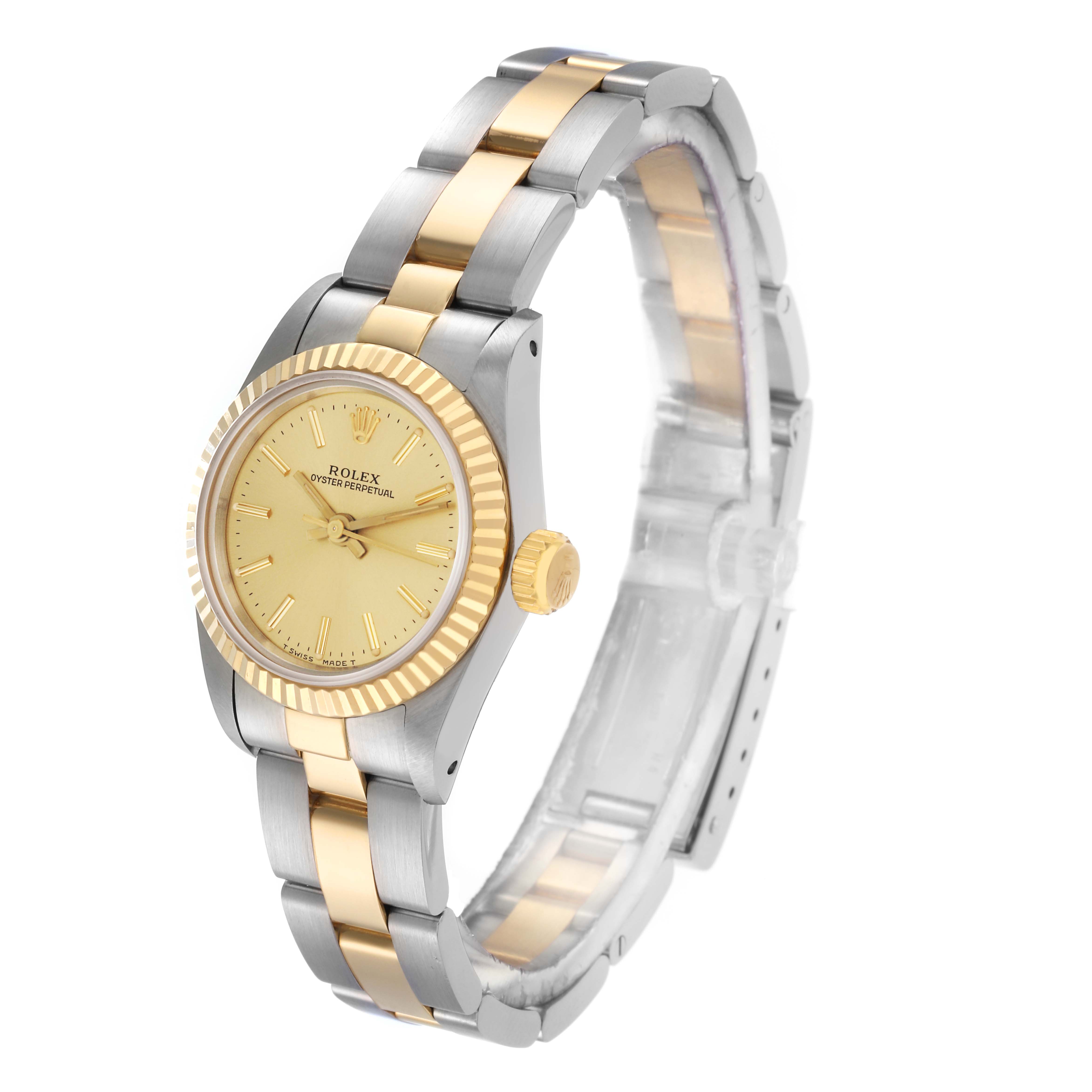 The image shows a Rolex Oyster Perpetual model 67193 men's watch at a three-quarter angle, highlighting the bezel, dial, and bracelet.