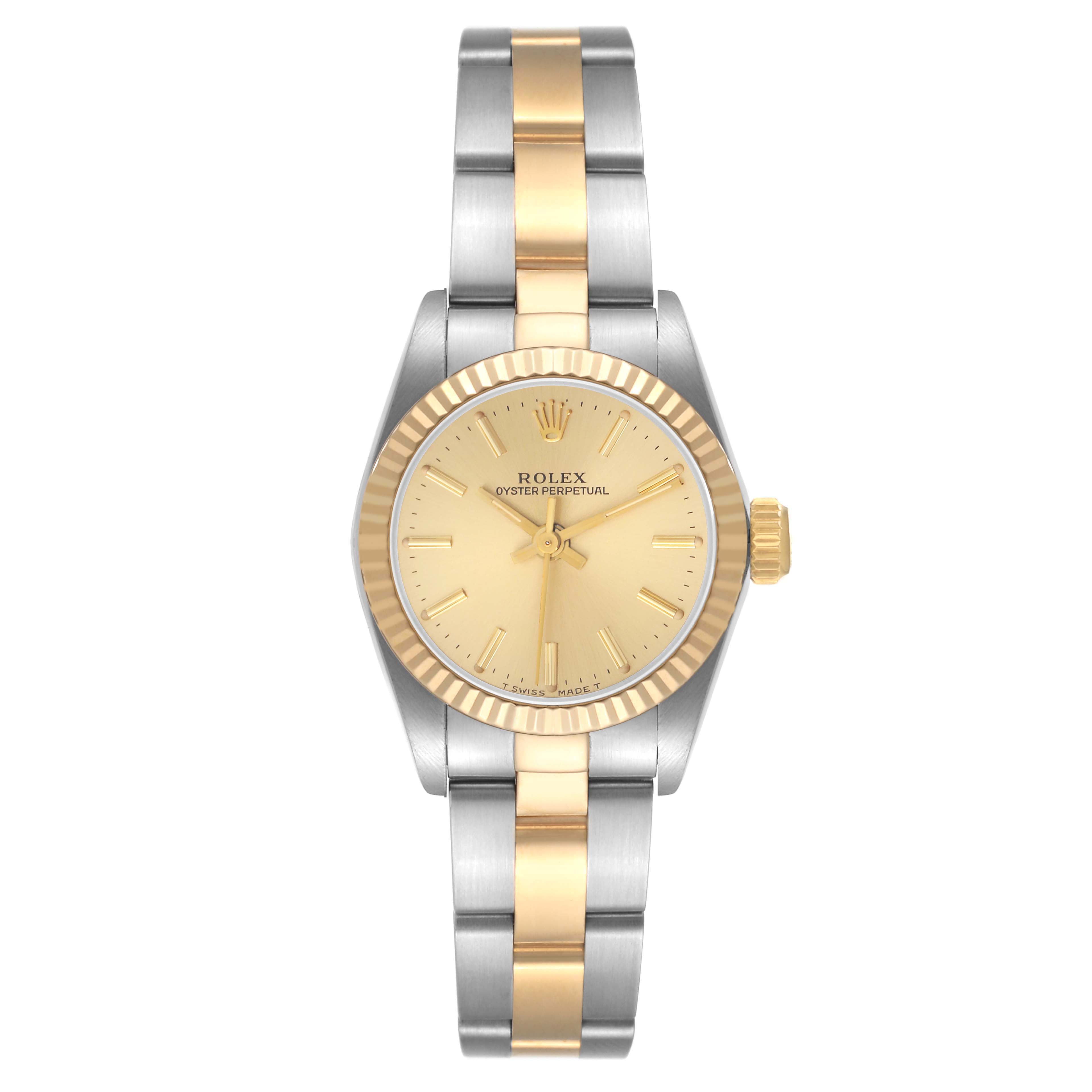 The Rolex Oyster Perpetual model 67193 is shown from a top-down angle, featuring the dial, bezel, and bracelet in a two-tone gold and silver design.