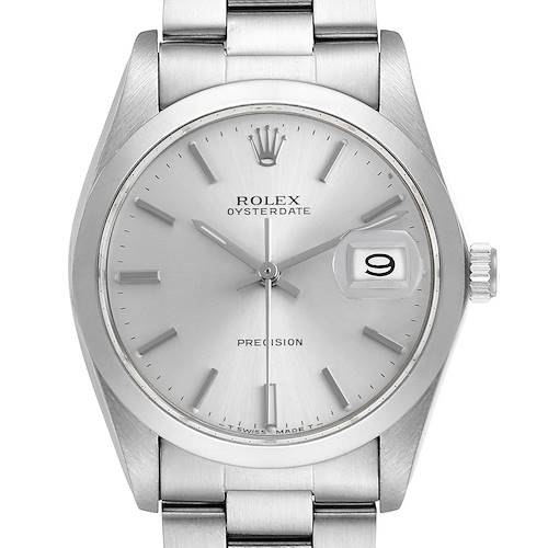 The image shows a frontal view of a Rolex Oysterdate Precision watch, highlighting the dial, hands, and bracelet.
