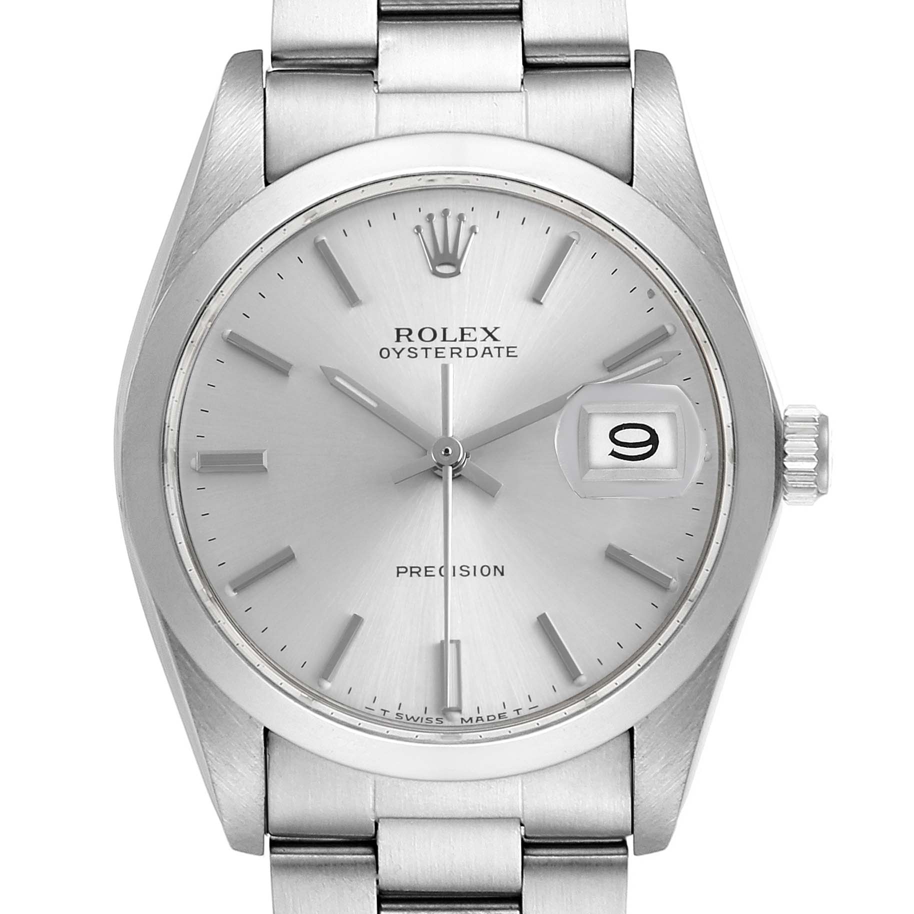 The Rolex Date 6694 Men's Stainless Steel Silver Dial watch is shown from a front angle, featuring the dial, hands, date window, and part of the bracelet.