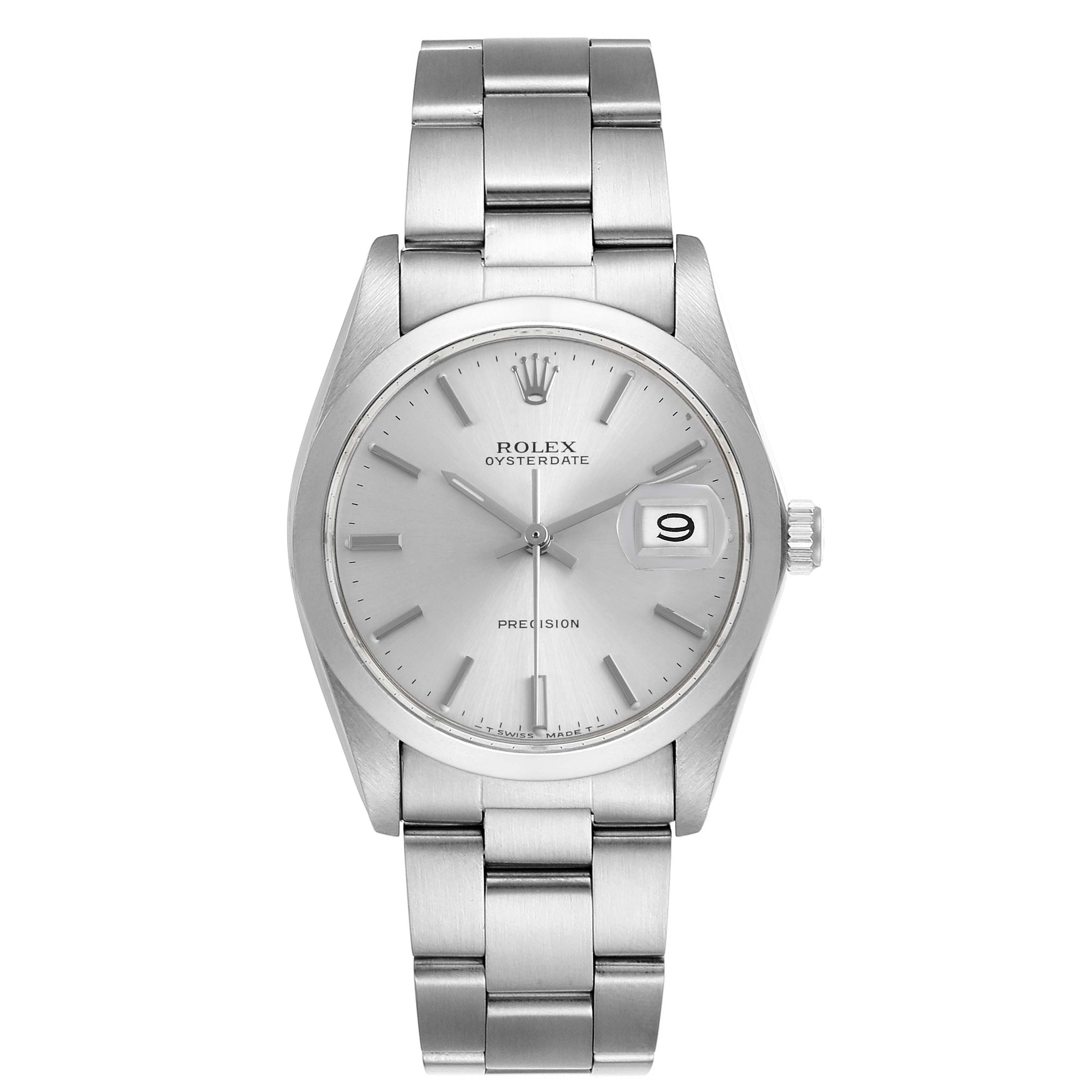 The Rolex Date 6694 Men's Stainless Steel Silver Dial model is shown from the front, displaying the face, bracelet, and date window.