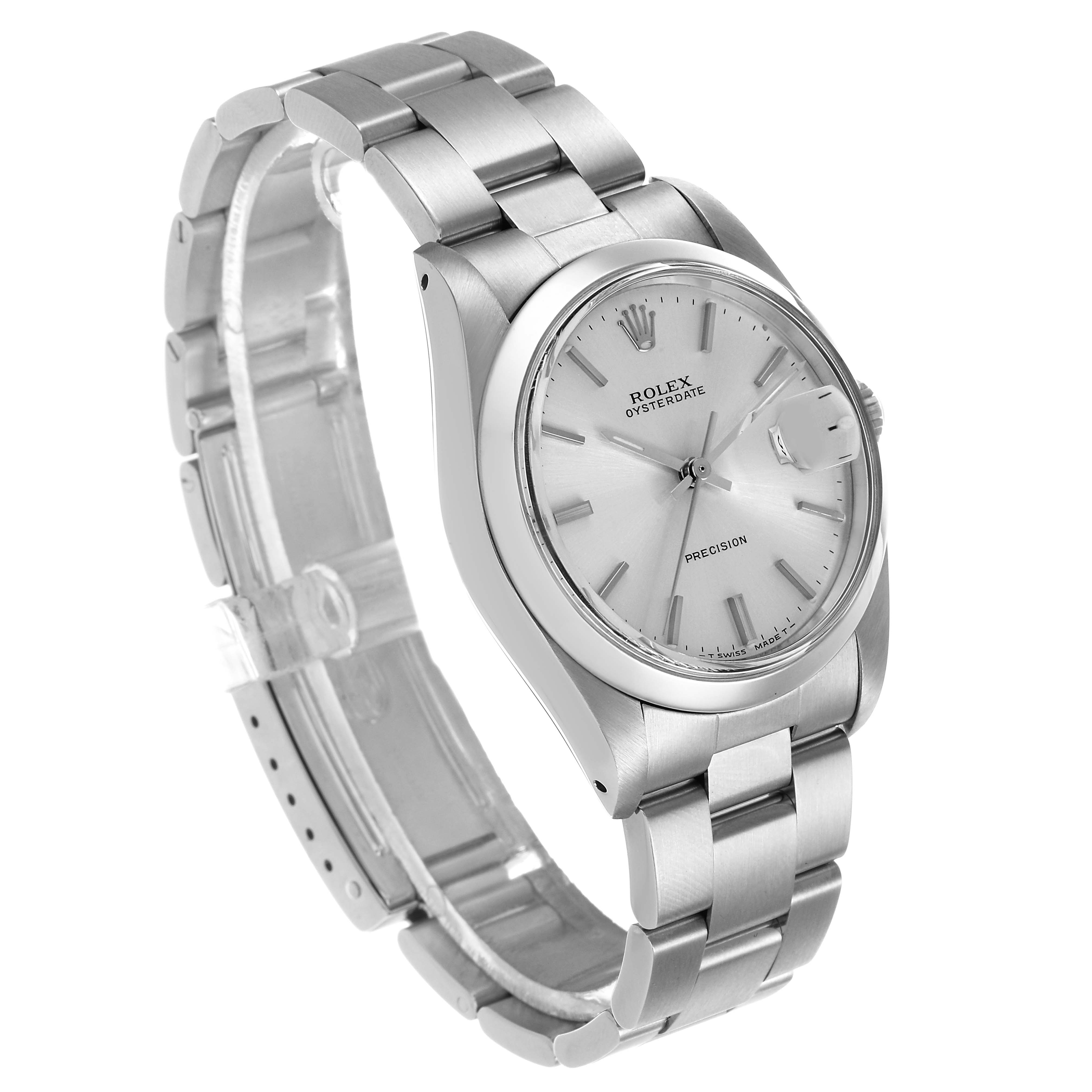 The Rolex Date 6694 Men's Stainless Steel Silver Dial model watch is shown at a three-quarter angle, highlighting the dial, bezel, bracelet, and crown.
