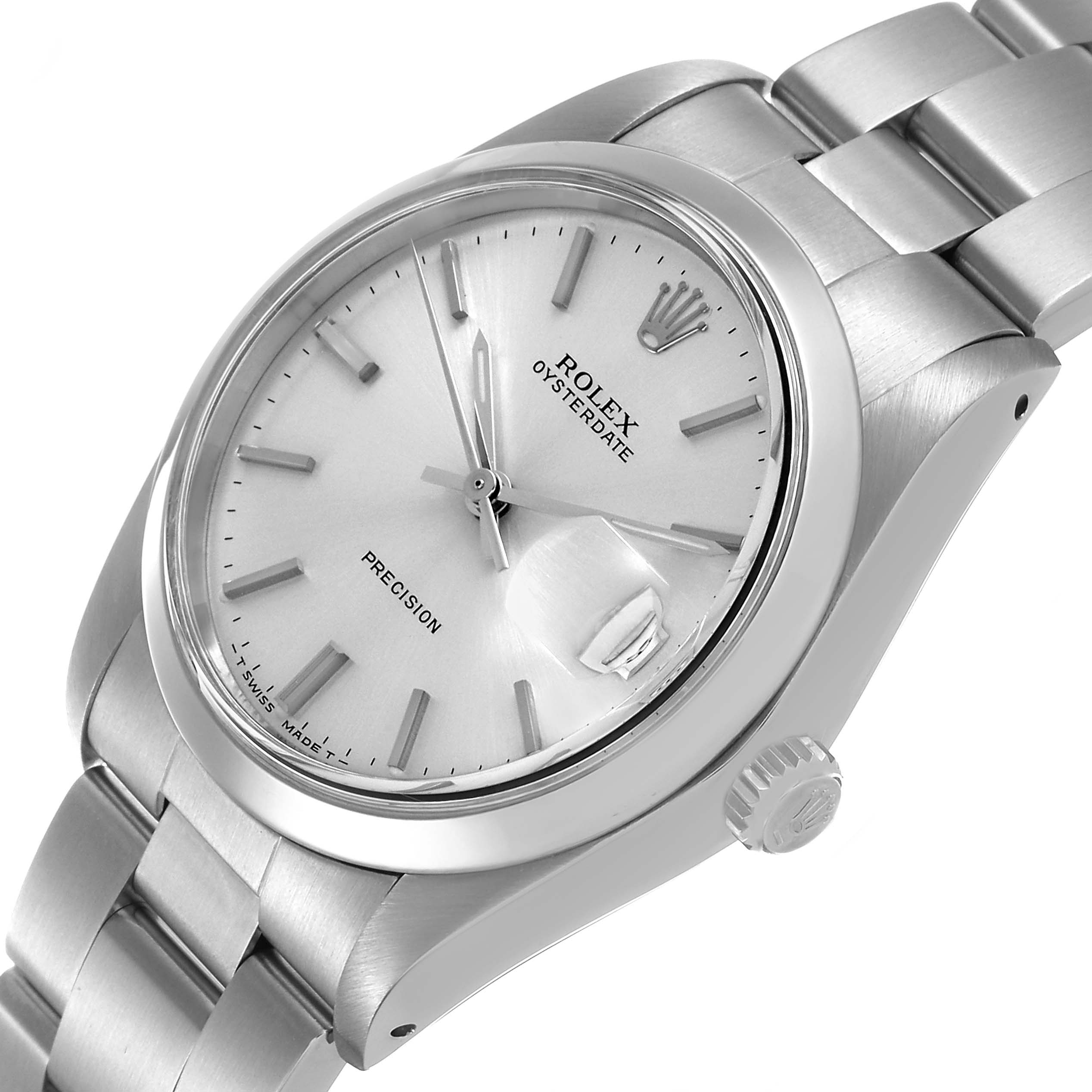 The Rolex Date 6694 Men's Stainless Steel Silver Dial watch is shown at an angled side view, displaying the dial, crown, and bracelet.