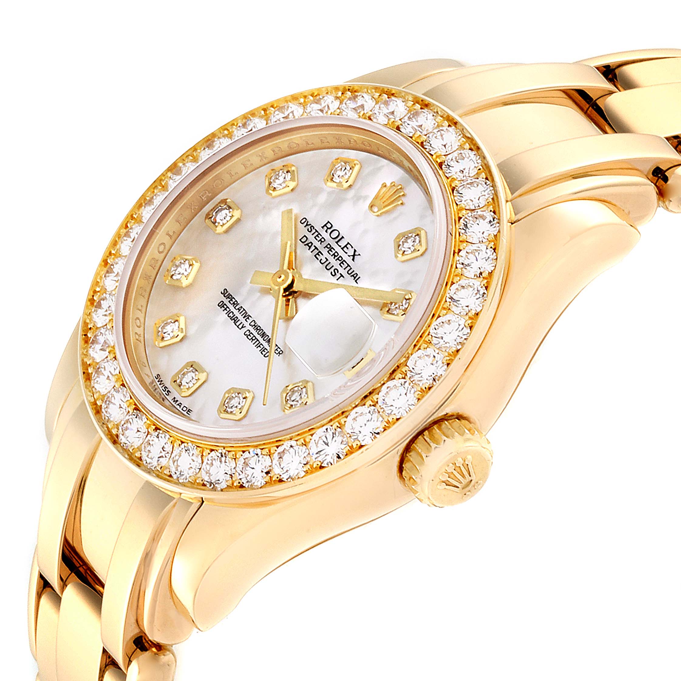 This image shows a close-up angle of the Rolex Pearlmaster 80298 Women
s Yellow Gold Mother of Pearl Dial 80298 Women
s Yellow Gold Mother of Pearl Dial watch, highlighting the face, bezel, and part of the band.