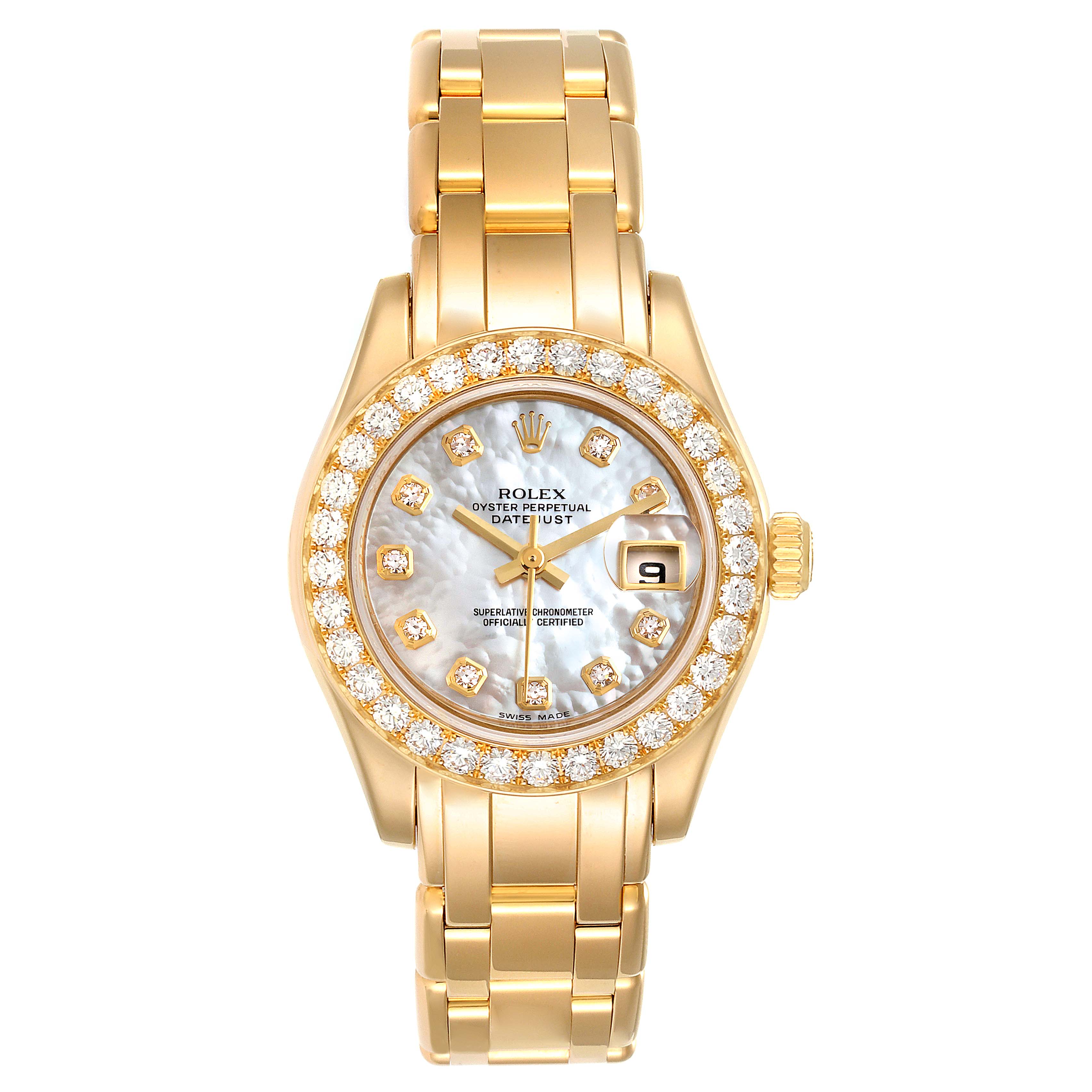 The image shows a front view of the Rolex Pearlmaster 80298 Women
s Yellow Gold Mother of Pearl Dial 80298 Women
s Yellow Gold Mother of Pearl Dial watch, highlighting its gold bracelet and diamond-studded bezel.