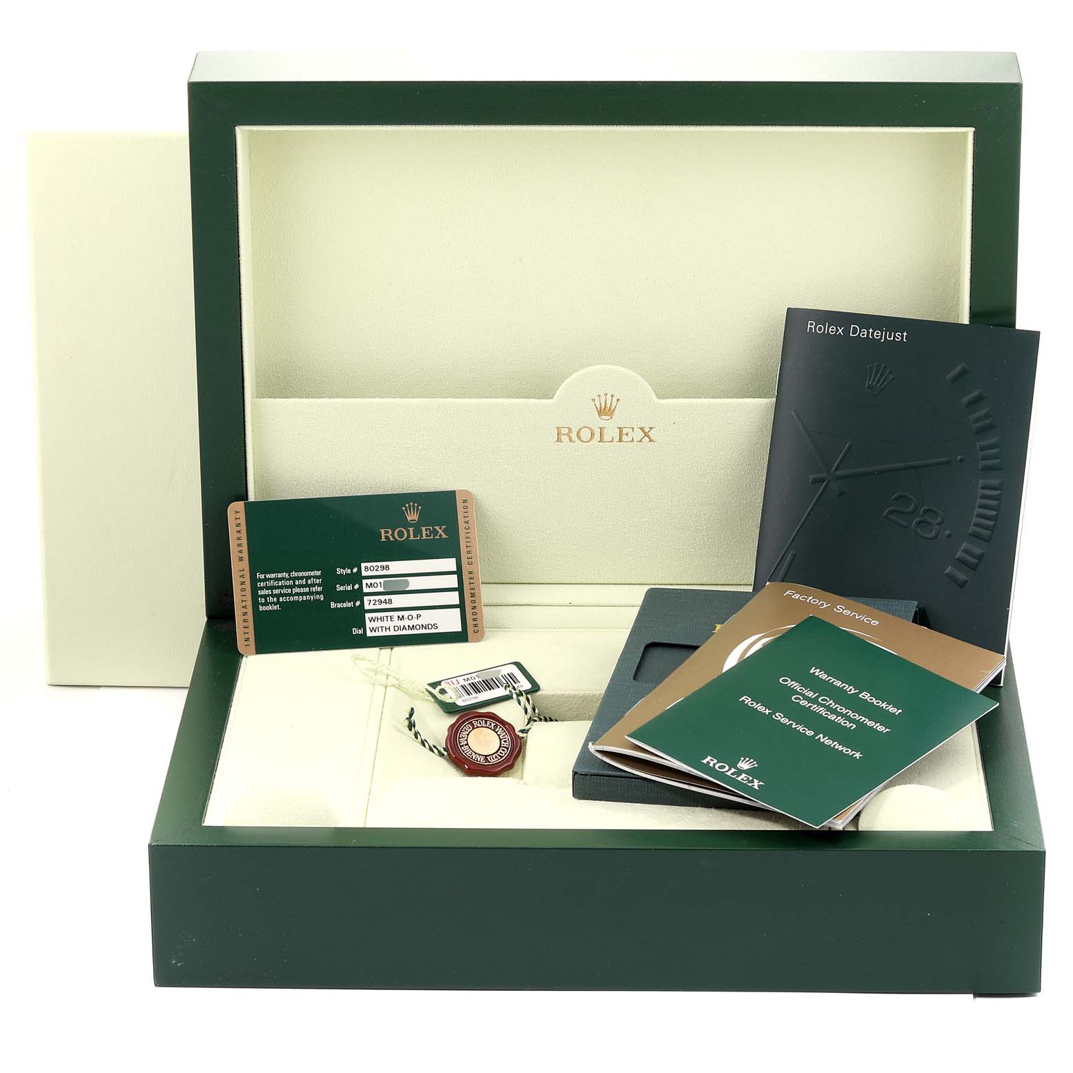 This image shows the packaging, tags, and documents for a Rolex Pearlmaster 80298 Women
s Yellow Gold Mother of Pearl Dial 80298 Women
s Yellow Gold Mother of Pearl Dial watch, but the watch itself is not visible.