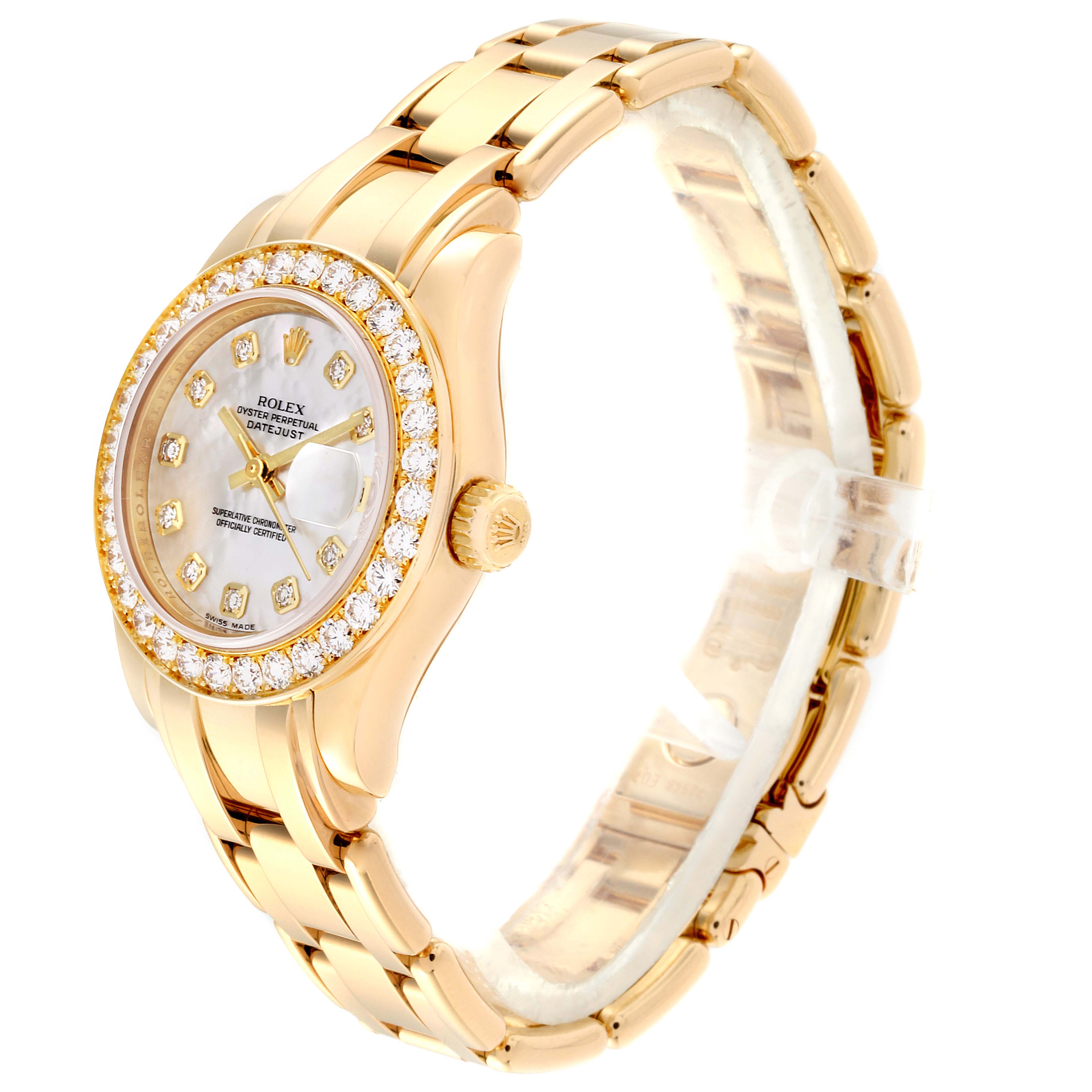 The Rolex Pearlmaster 80298 Women
s Yellow Gold Mother of Pearl Dial 80298 Women
s Yellow Gold Mother of Pearl Dial watch is shown at an angled side view, displaying its bezel, dial, crown, and bracelet.