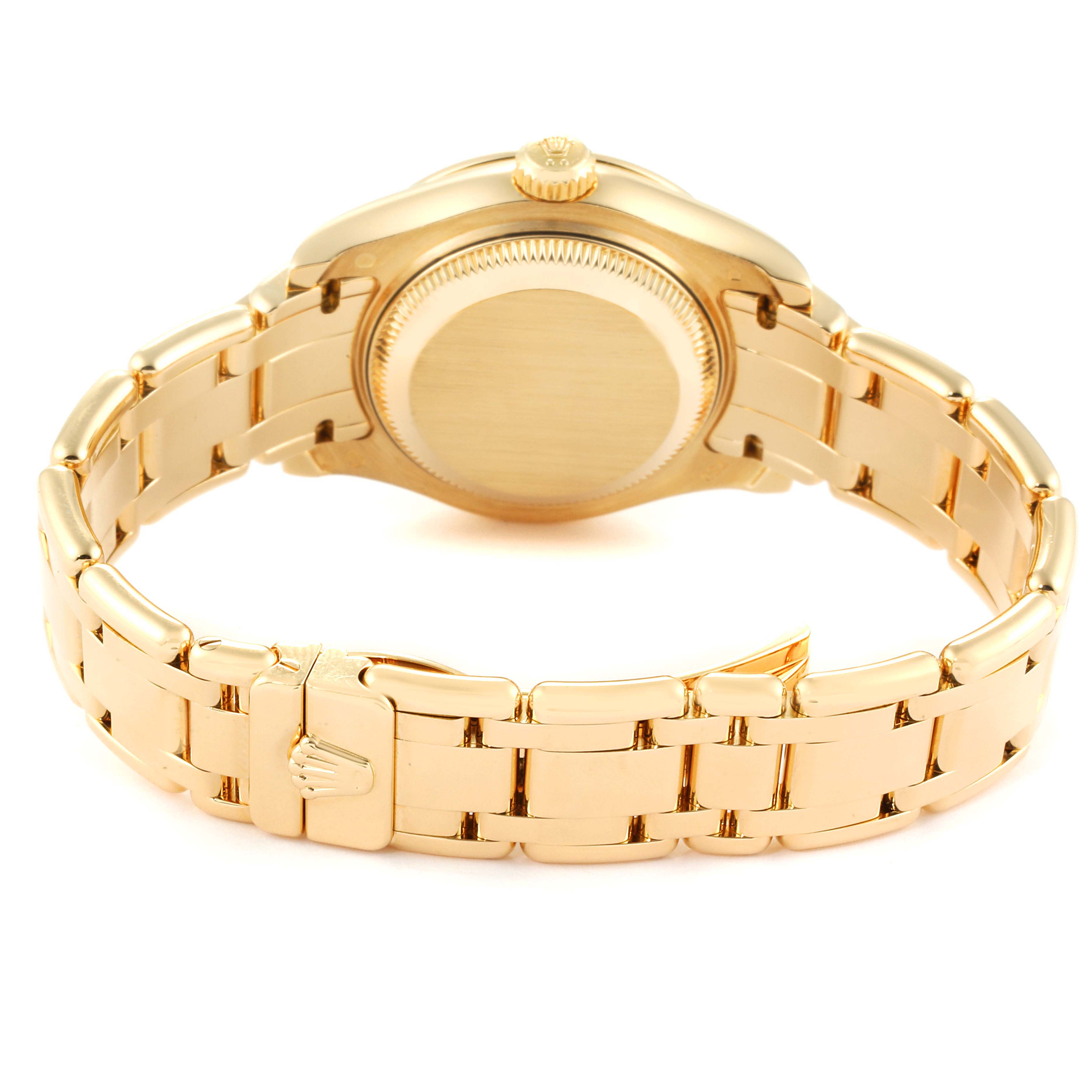 This image shows the back view of the Rolex Pearlmaster 80298 Women
s Yellow Gold Mother of Pearl Dial 80298 Women
s Yellow Gold Mother of Pearl Dial watch, highlighting the case back, crown, and bracelet.