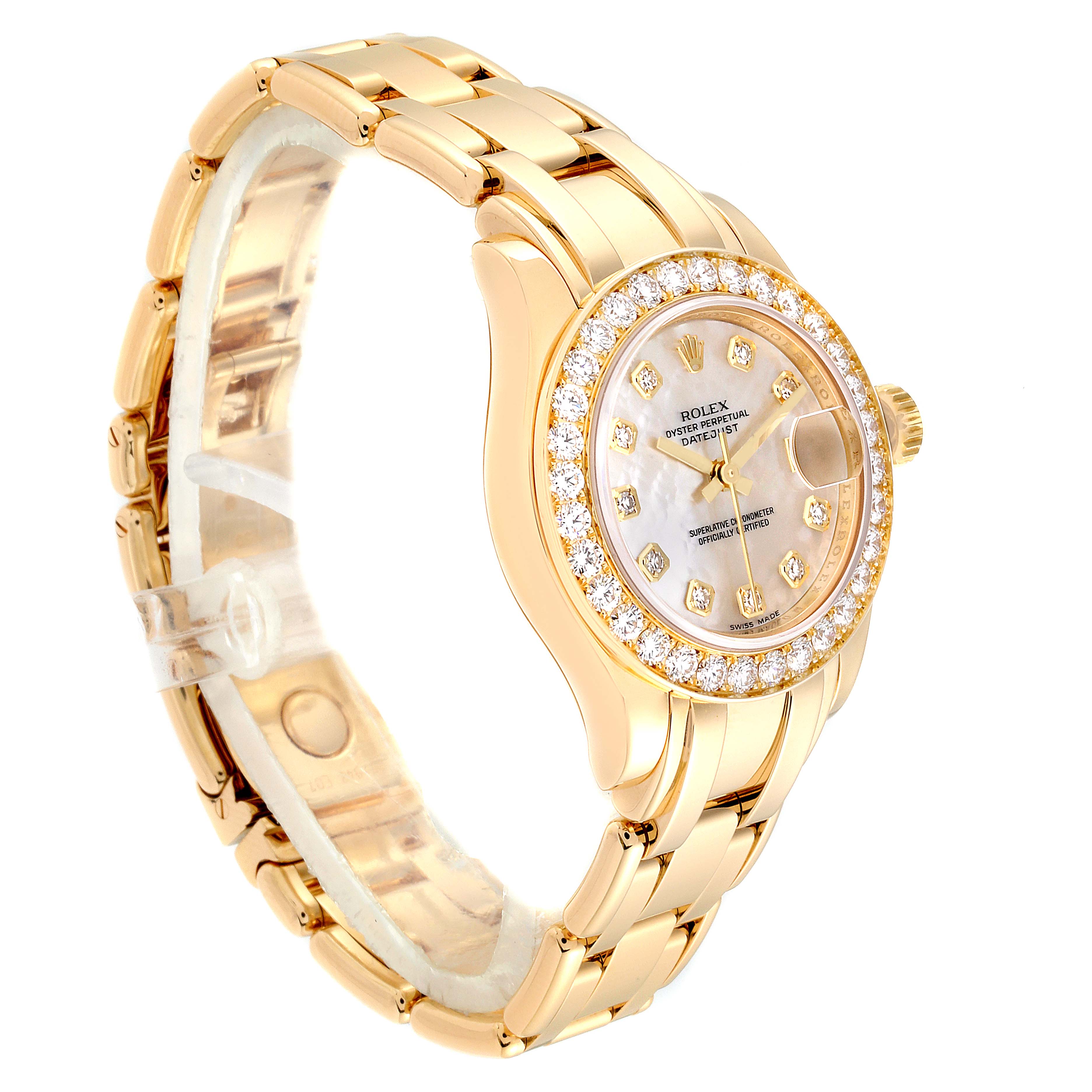 The image shows a Rolex Pearlmaster 80298 Women
s Yellow Gold Mother of Pearl Dial 80298 Women
s Yellow Gold Mother of Pearl Dial watch at a slight angle, highlighting its gold bracelet, diamond bezel, and face.