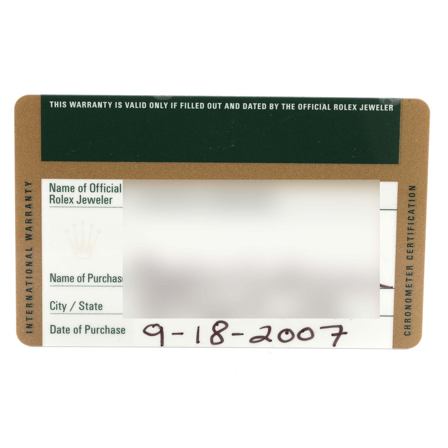 This image shows the warranty card for the Rolex Pearlmaster 80298 Women
s Yellow Gold Mother of Pearl Dial 80298 Women
s Yellow Gold Mother of Pearl Dial watch, including information fields for jeweler, purchaser, and purchase date.