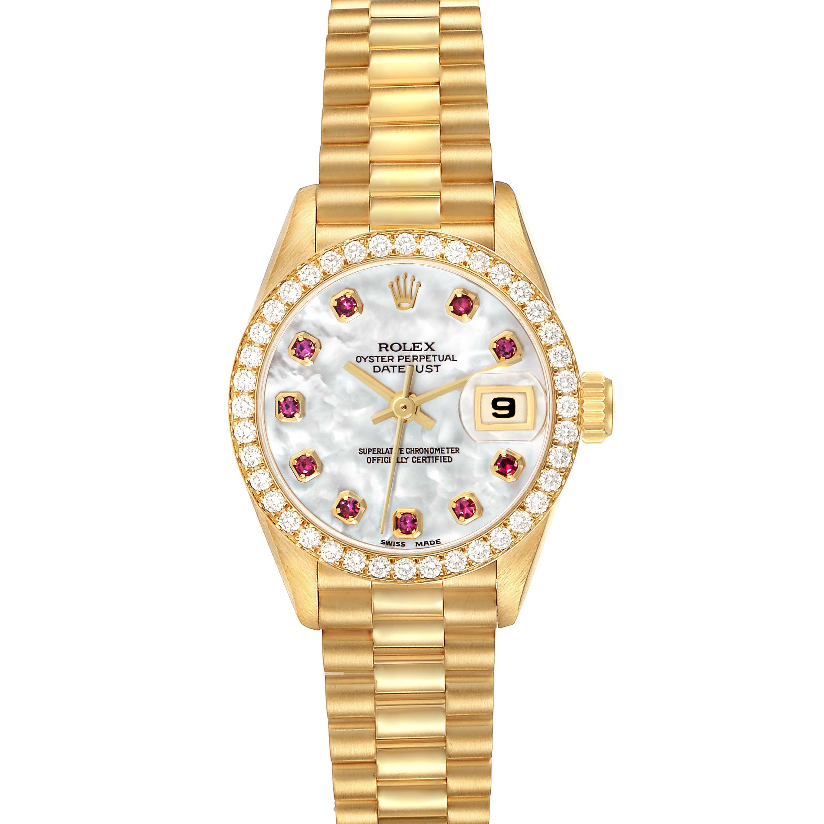 The Rolex President model 69138 men's watch is shown from a top-down angle, highlighting its gold bracelet, mother-of-pearl dial, and diamond bezel.