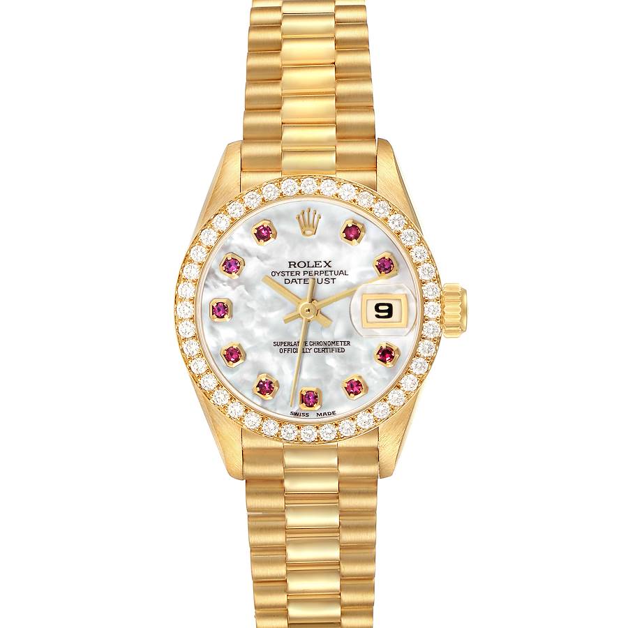 The Rolex President model 69138 men's watch is shown from a top-down angle, highlighting its gold bracelet, mother-of-pearl dial, and diamond bezel.