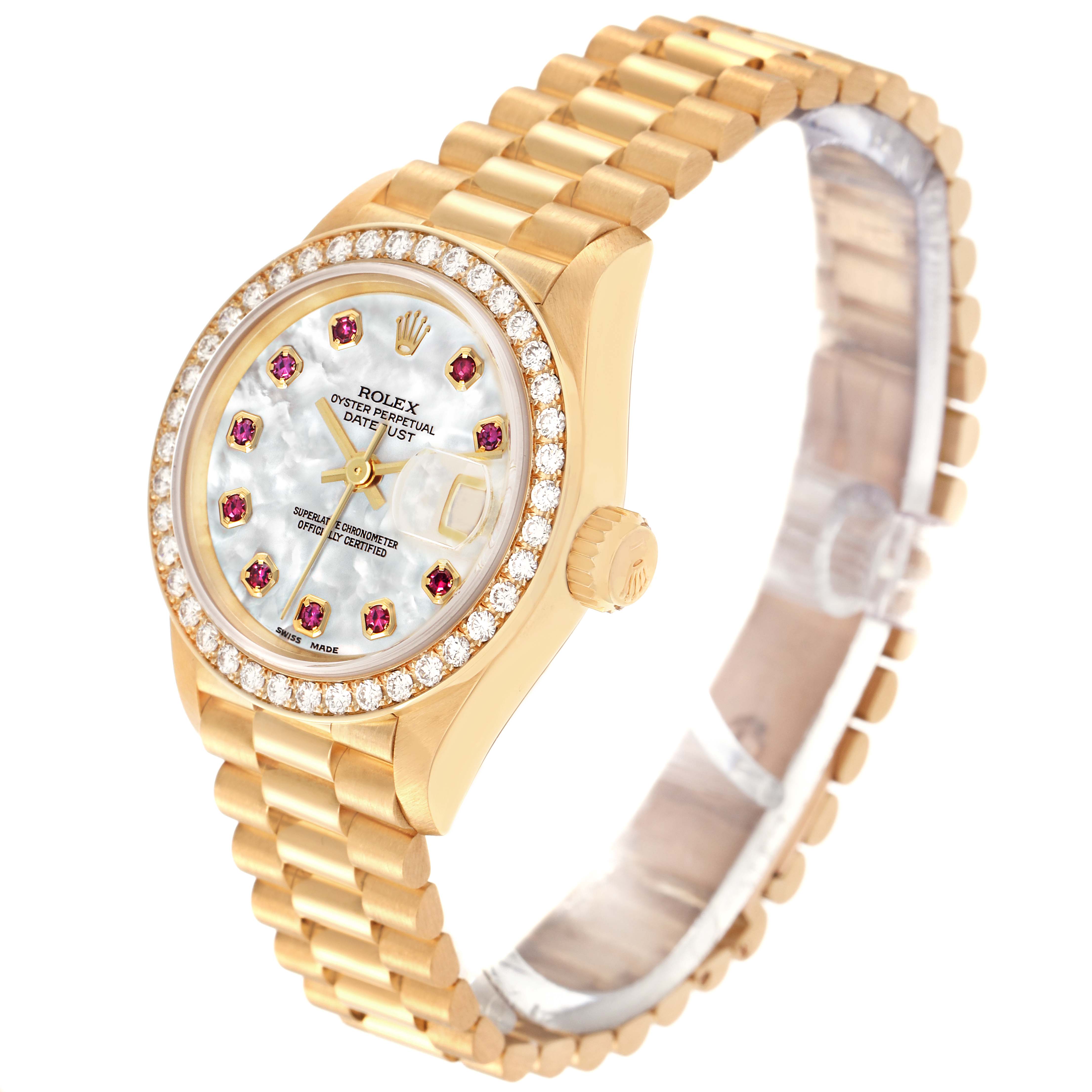 The Rolex President model 69138 men's watch is shown at a slight angle, highlighting the face, diamond bezel, bracelet, and side crown.