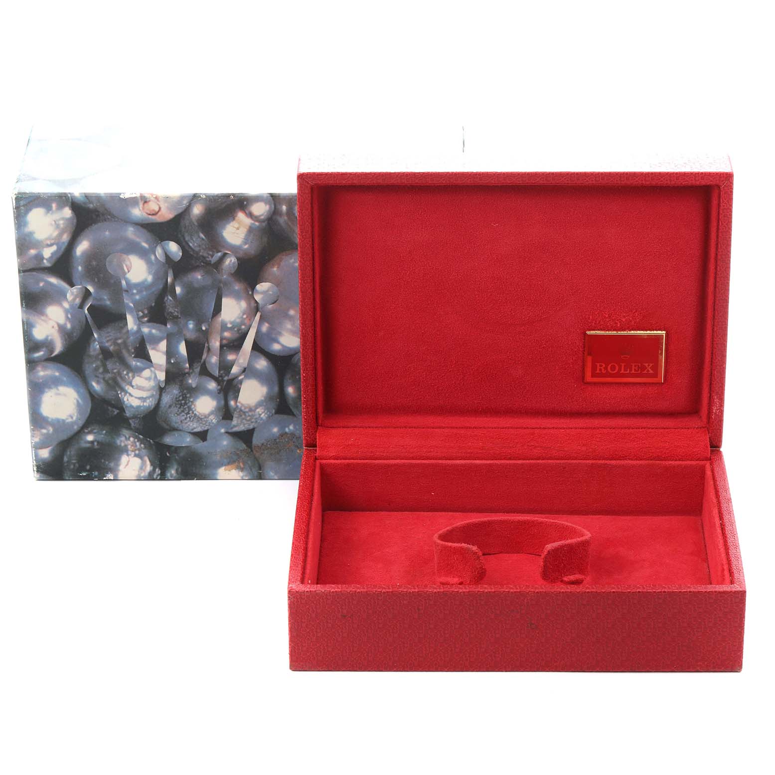 The image shows a red Rolex watch box, likely for the President model 69138, with a decorative outer box featuring the Rolex logo.