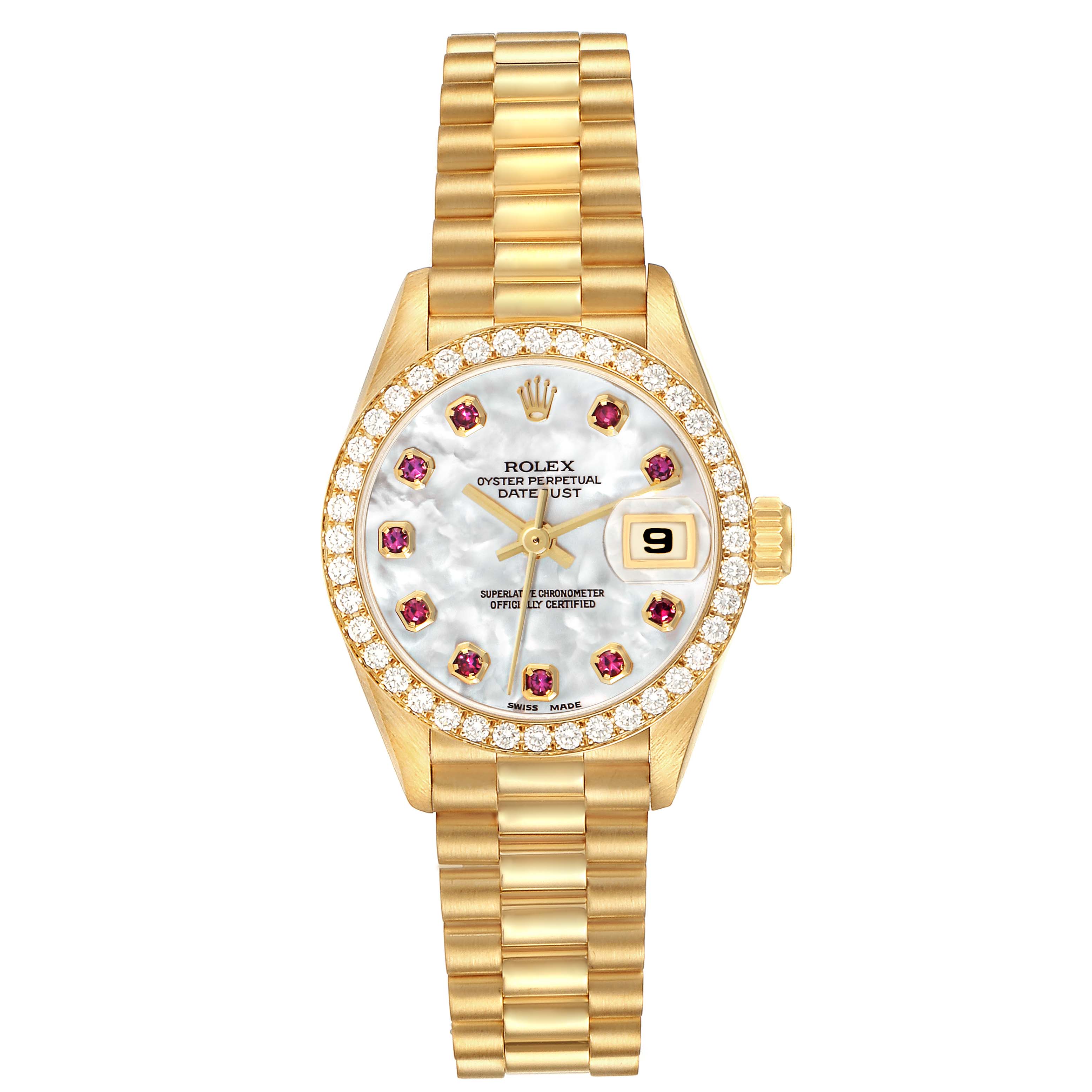 The Rolex President model 69138 watch is shown from a top-down angle, displaying the face, bezel, dial, and bracelet clearly.