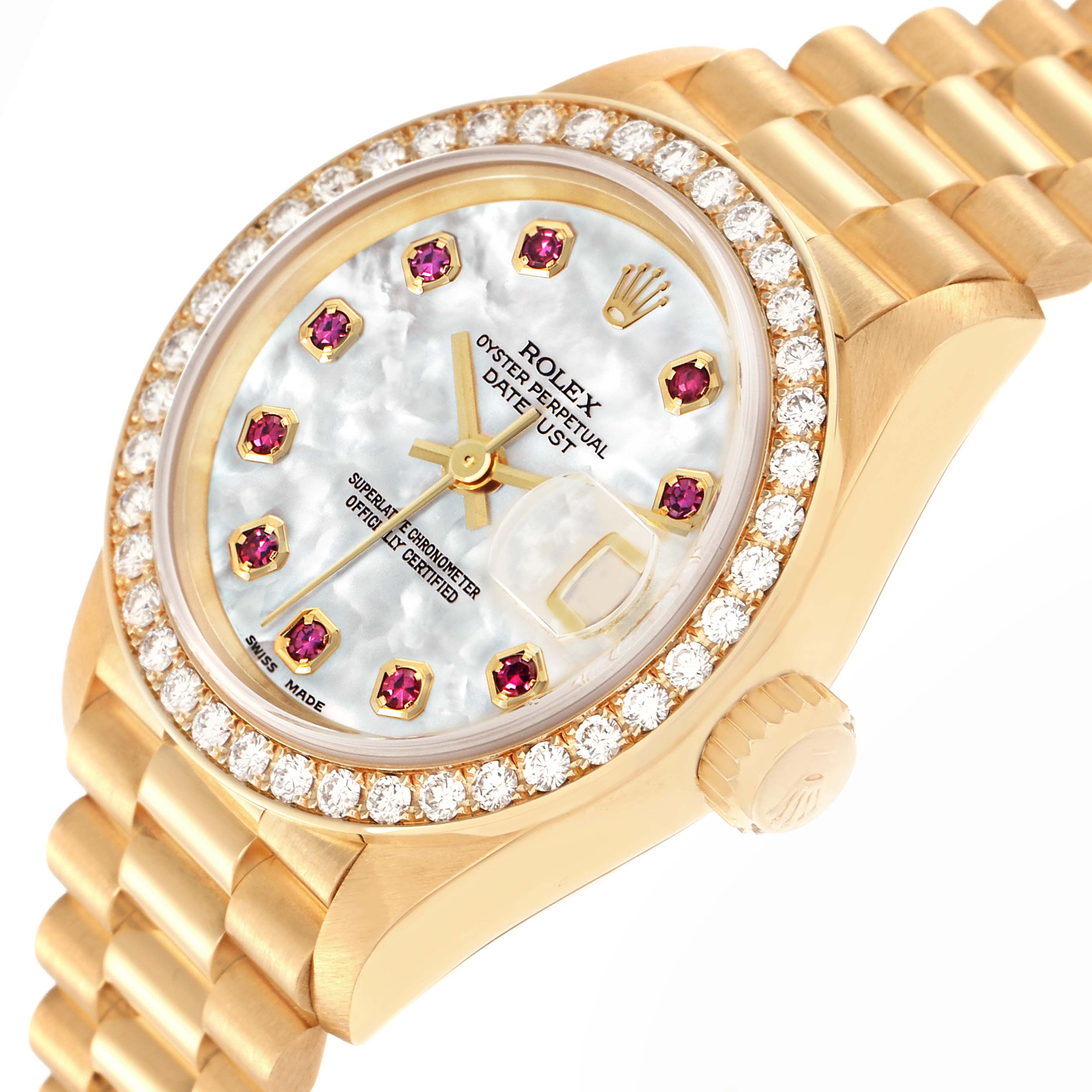 The Rolex President model 69138 is shown at an angle highlighting the face, bezel, case, dial, crown, and part of the bracelet.