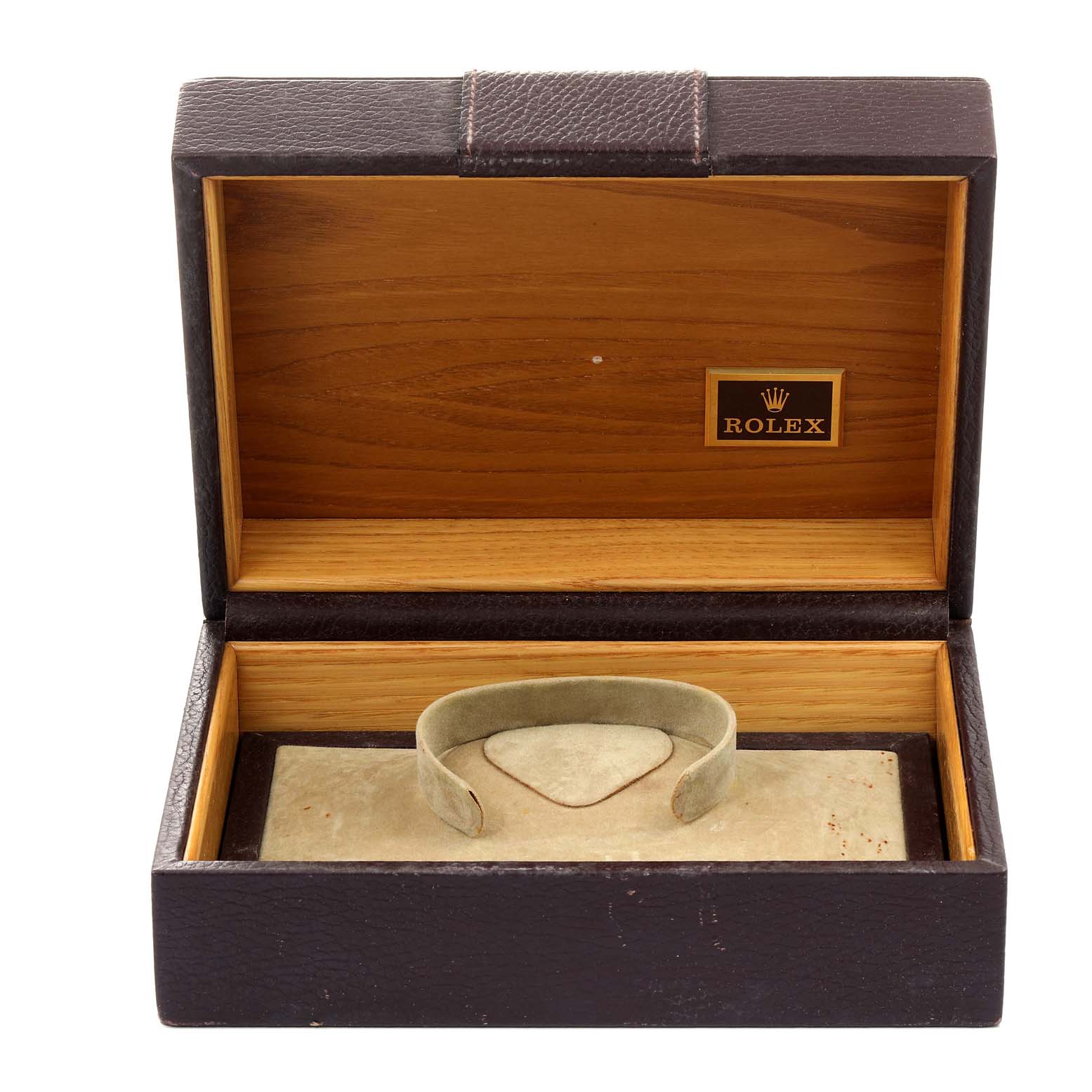 This image shows an open wooden box with a Rolex logo inside, intended for the Rolex President 18038 Men
s Yellow Gold Champagne Dial 18038 Men
s Yellow Gold Champagne Dial model watch.