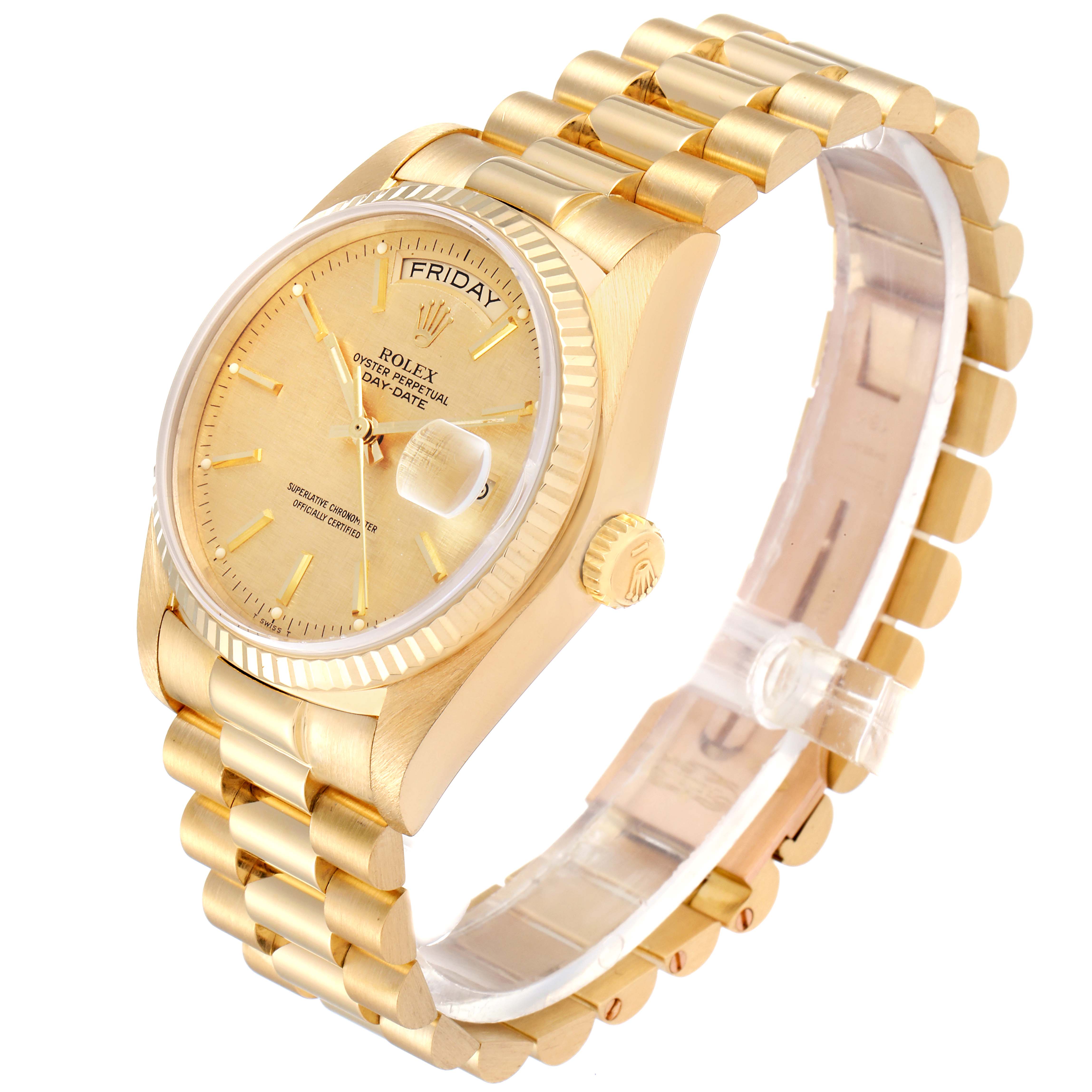 This image shows a Rolex President 18038 Men
s Yellow Gold Champagne Dial 18038 Men
s Yellow Gold Champagne Dial model watch at a three-quarter angle, highlighting the dial, bezel, and bracelet.