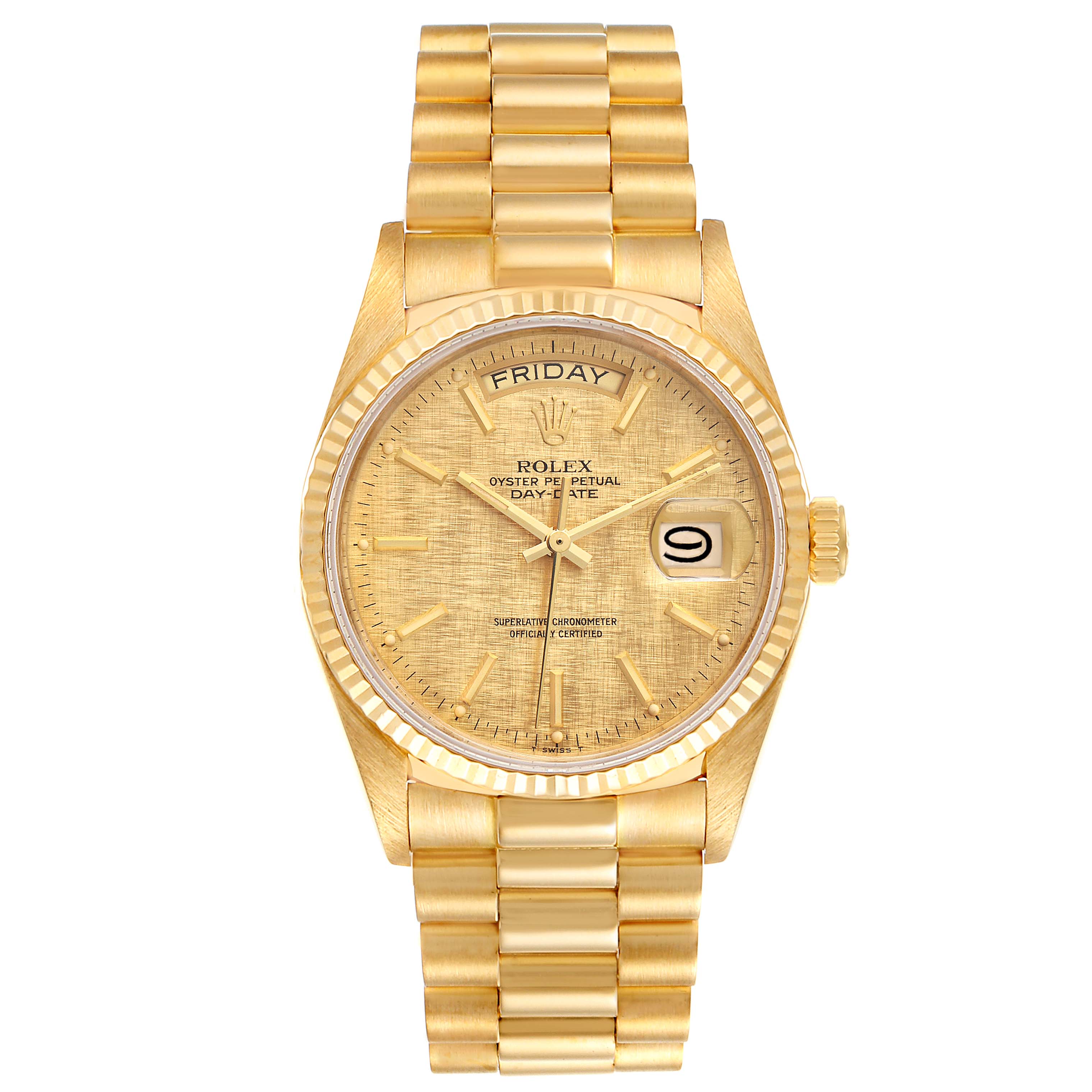 This is a frontal view of a Rolex President 18038 Men
s Yellow Gold Champagne Dial 18038 Men
s Yellow Gold Champagne Dial model watch showing the face, bracelet, and crown.