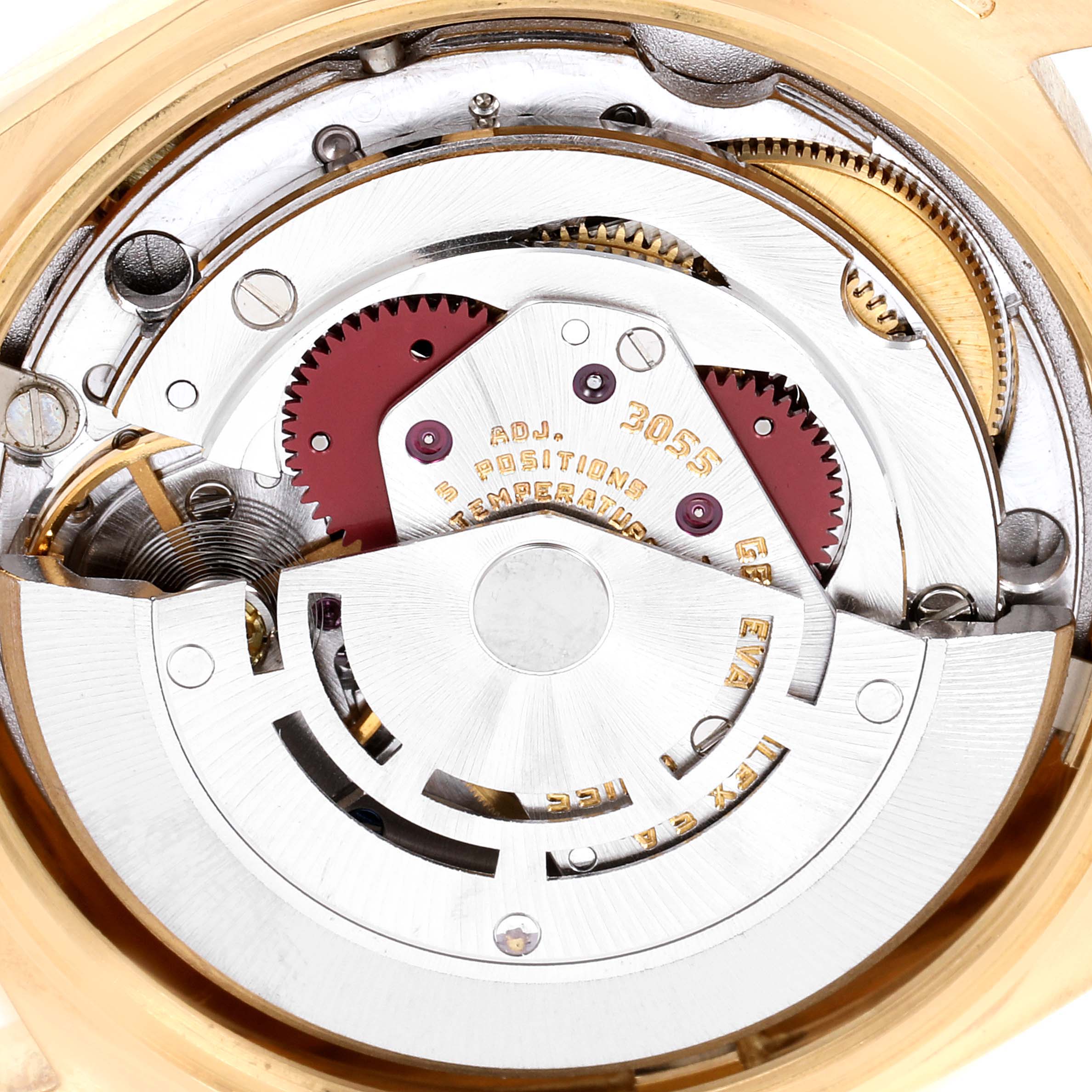 This image shows a close-up view of the movement mechanism of the Rolex President 18038 Men
s Yellow Gold Champagne Dial 18038 Men
s Yellow Gold Champagne Dial model watch.